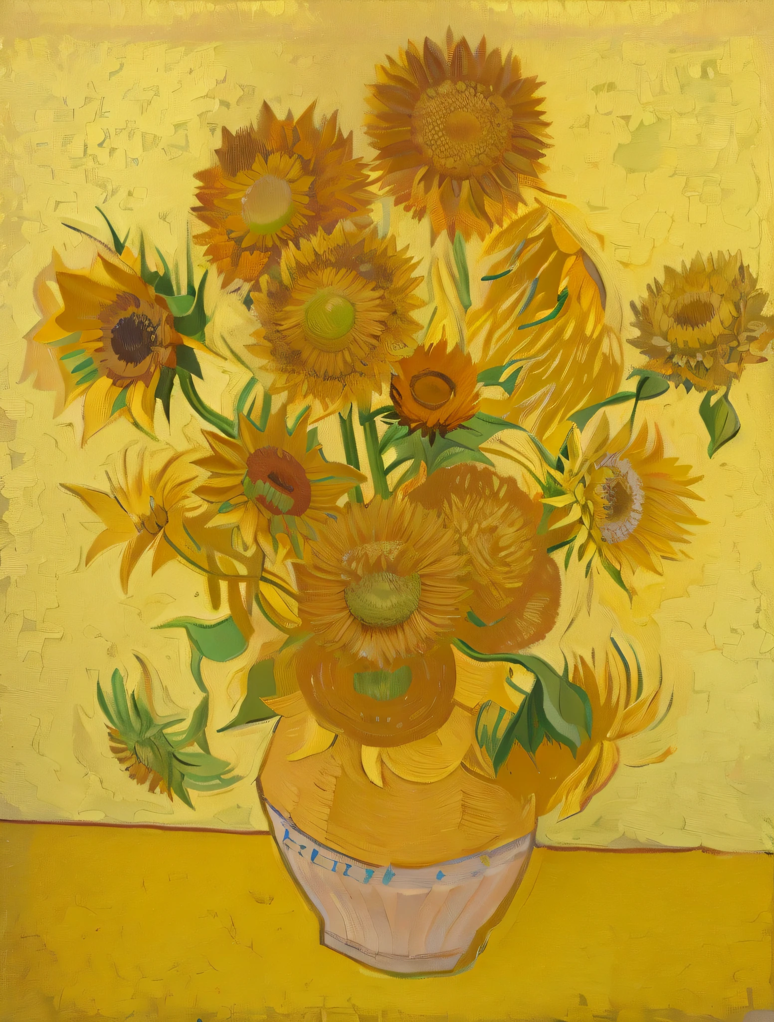 Vase painting with sunflowers on yellow table, Van Gogh, Vincent van Gogh painting, Van Gogh painting, Vincent van Gogh, von Gogh, photo courtesy of Art Museum, Museum Art, Vincent, Sunflower, Vincent van Gogh style, Van Gogh style, color: yellow sunflower, color: yellow sunflower, Van Gogh style, Van Gogh art style, real, paper cutout, 3D,