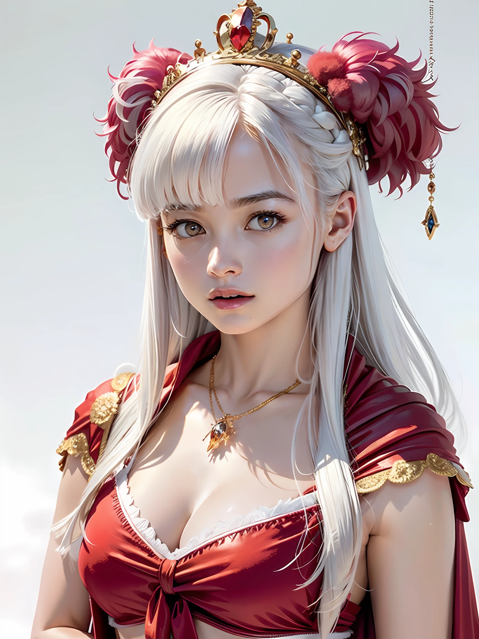 (Masterpiece, Top Quality, Best Quality, Official Art, Beautiful and Aesthetic: 1.2), Ultra-detailed complex 3D rendering of face, various poses, ((Huge breasts: 1.4)), (Exposure: 1.1), pink micro bikini, , Perfect figure: 1.4, Slim abs: 1.1, (1 girl), red cape lined with fur, jeweled crown: 1.2), serious, cleavage, white hair, white skin