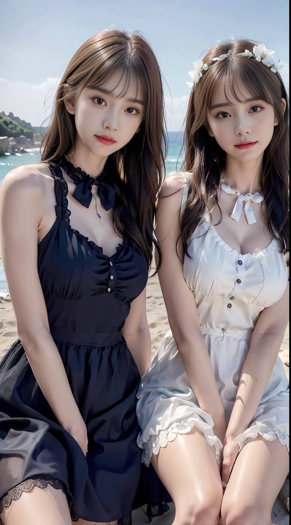 (((Two girls, 2 girls, lying side by side on the beach))),((Short blue hair, hairpin, garland on head)),(((Blue beach dress, dress, tulle dress, beach blouse, lace shawl, sunscreen, slim dress, Translucent clothing))), (Big chest, cleavage, large boobs, raised boobs),(((background island, petals, plants, colorful flowers, sand, seawater, stones))), Smooth fair skin, ultra-wide angle lens shooting, thin waist, realistic, sexy, three-dimensional facial features, correct proportions, (meticulous portrayal of face, clear face), (delicate portrayal of facial features), delicate hair portrayal, (delicate eye portrayal), meticulous portrayal of fingers, perfect body curves, 3D stereoscopic, ultra-clear resolution, 8k wallpaper, HD, more details, high quality, high detail, light and shadow tracking, rich details, close-up, high score efficiency, best quality