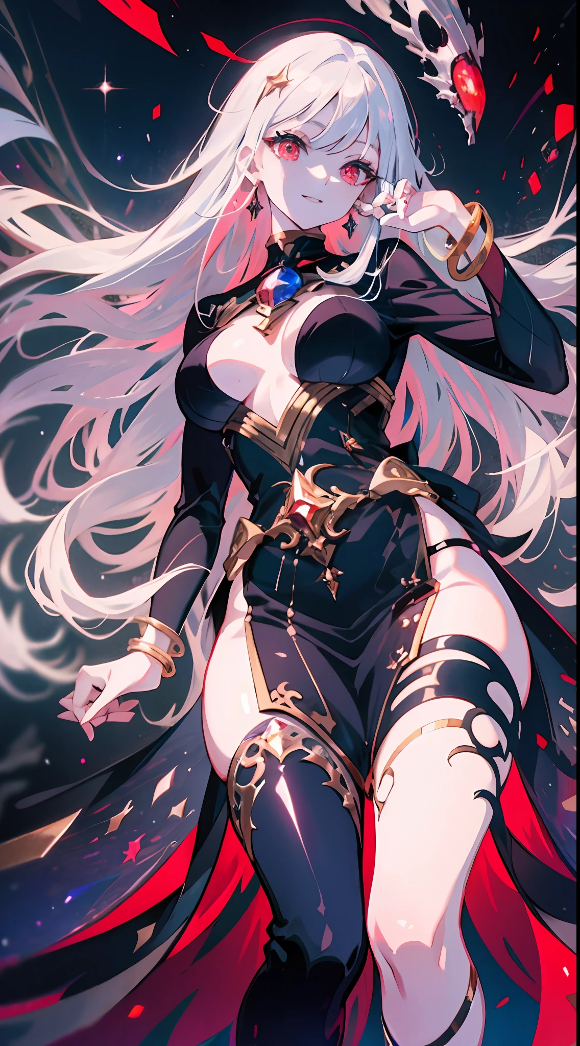 (simple hands:0.5)+(detailed hands:0.7), (masterwork), (best quality), white hair, red eyes,1girl, pale skin, white hair, red eyes, two tone hair, eyelashes, bracelet, jewelry, smile, gleaming skin, shiny hair, detailed and majestic stage, Fantasy, Long Hair, 1 girl, two-tone hair, night sky, Incredibly detailed CG illustration masterpiece, looking at you, anime, beautiful anime eyes, beautiful detailed eyes, eyes, glittering eyes, red eyes, galaxy, nebula, (full body), (curvy),