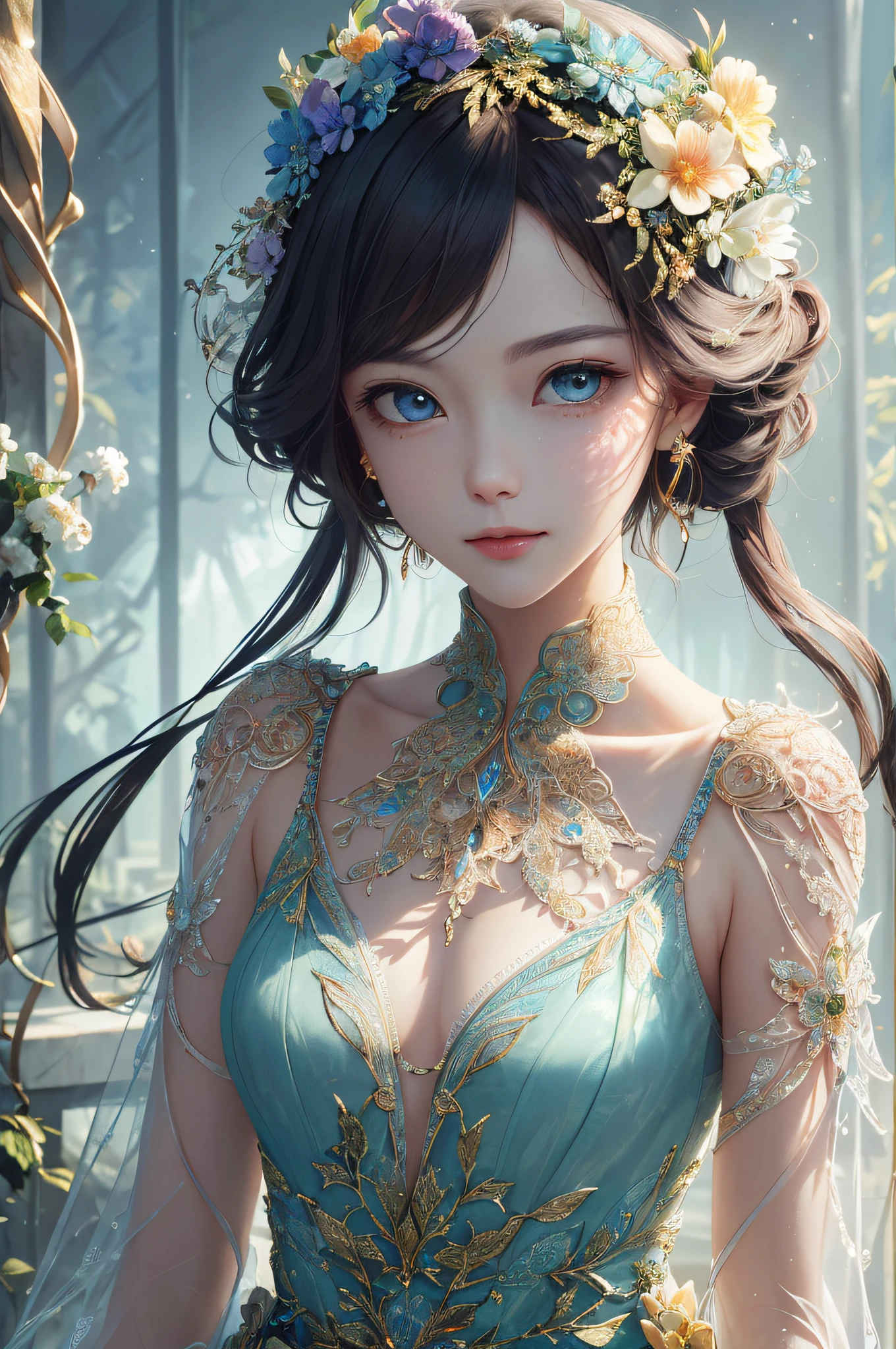 (((masterpiece))), (((best quality))), ((ultra-detailed)), (hyperrealistic), (highly detailed CG illustration), ((an extremely delicate and beautiful)),cinematic light, Create a stunning anime artwork that is currently trending on ArtStation, showcasing exquisite beauty and captivating aesthetics. The art piece should be highly detailed, featuring a compelling character and a visually appealing environment. The character in the artwork is a graceful and enchanting figure, radiating an aura of elegance. Pay close attention to intricate facial features, such as mesmerizing eyes with vibrant colors and delicate shading. The character's clothing should be designed with elaborate patterns, flowing fabrics, and rich textures, reflecting a blend of fantasy and contemporary fashion. Place the character in a captivating environment that enhances the overall appeal of the artwork. It could be a breathtaking natural landscape, a bustling futuristic cityscape, or a mystical realm filled with magical elements. Incorporate vibrant colors, dynamic lighting, and detailed background elements to create a sense of depth and immersion. Consider the latest trends in anime art, such as incorporating unique lighting effects, exploring creative composition techniques, or experimenting with unconventional color palettes. Take inspiration from the top artists on ArtStation and their exceptional execution of various art styles and themes. Camera: Choose an angle that highlights the character's beauty and the immersive environment. Lighting: Utilize atmospheric lighting techniques to create depth and mood. Resolution: Aim for a high-resolution artwork to showcase intricate details and clarity. Art Inspirations: Seek inspiration from the trending artists on ArtStation, exploring different styles, genres, and themes.