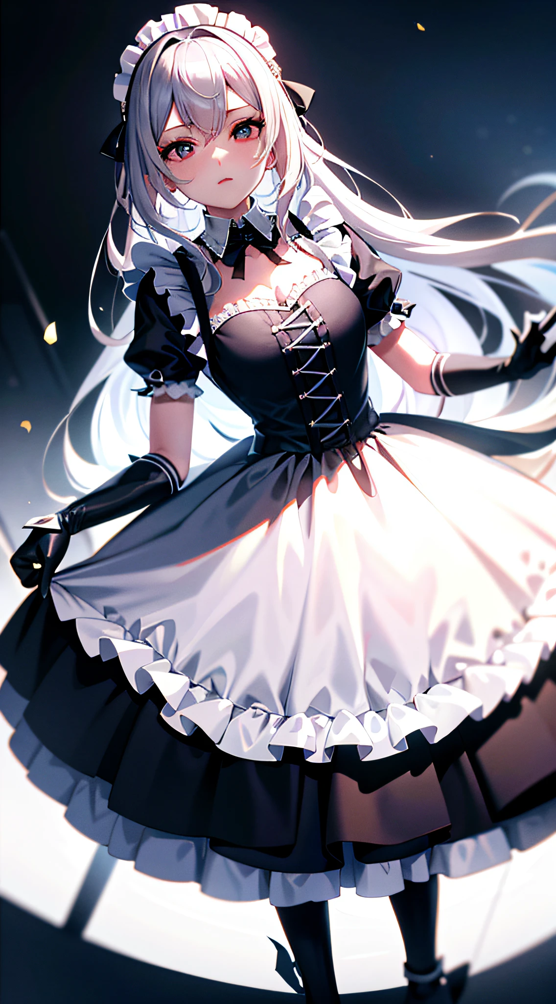 Top Shot, Silver Hair, Maid Outfit, Girl, 8K Resolution, More Detail, Higher Quality, Perfect Composition, Cinematic Light, (Tokisaki Madozo)
