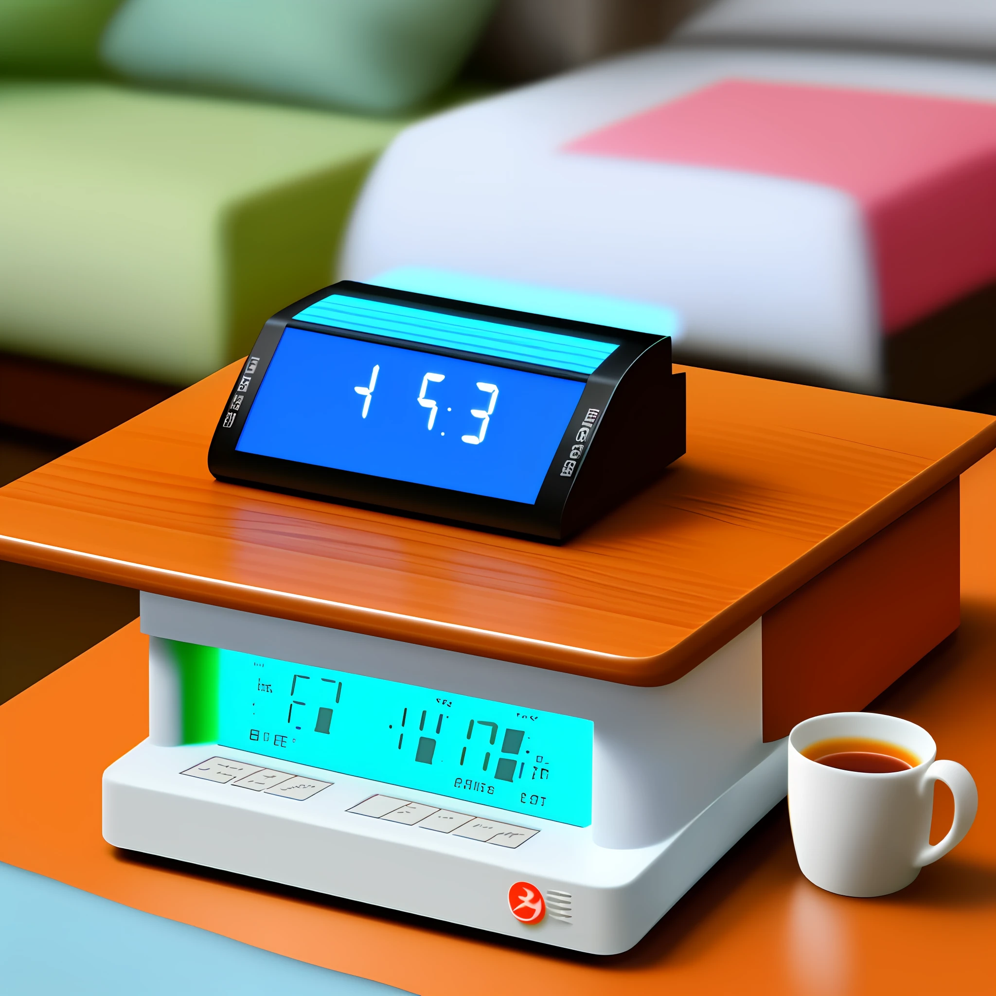 A digital alarm clock on the table, give this alarm clock a close-up, overall bright style.