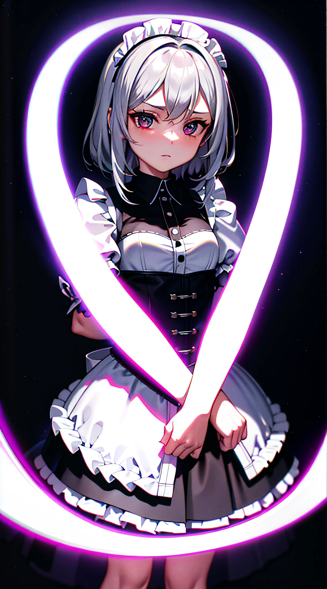 Top Shot, Silver Hair, Maid Outfit, Girl, 8K Resolution, More Detail, Higher Quality, Perfect Composition, Cinematic Light, (Tokisaki Madozo)