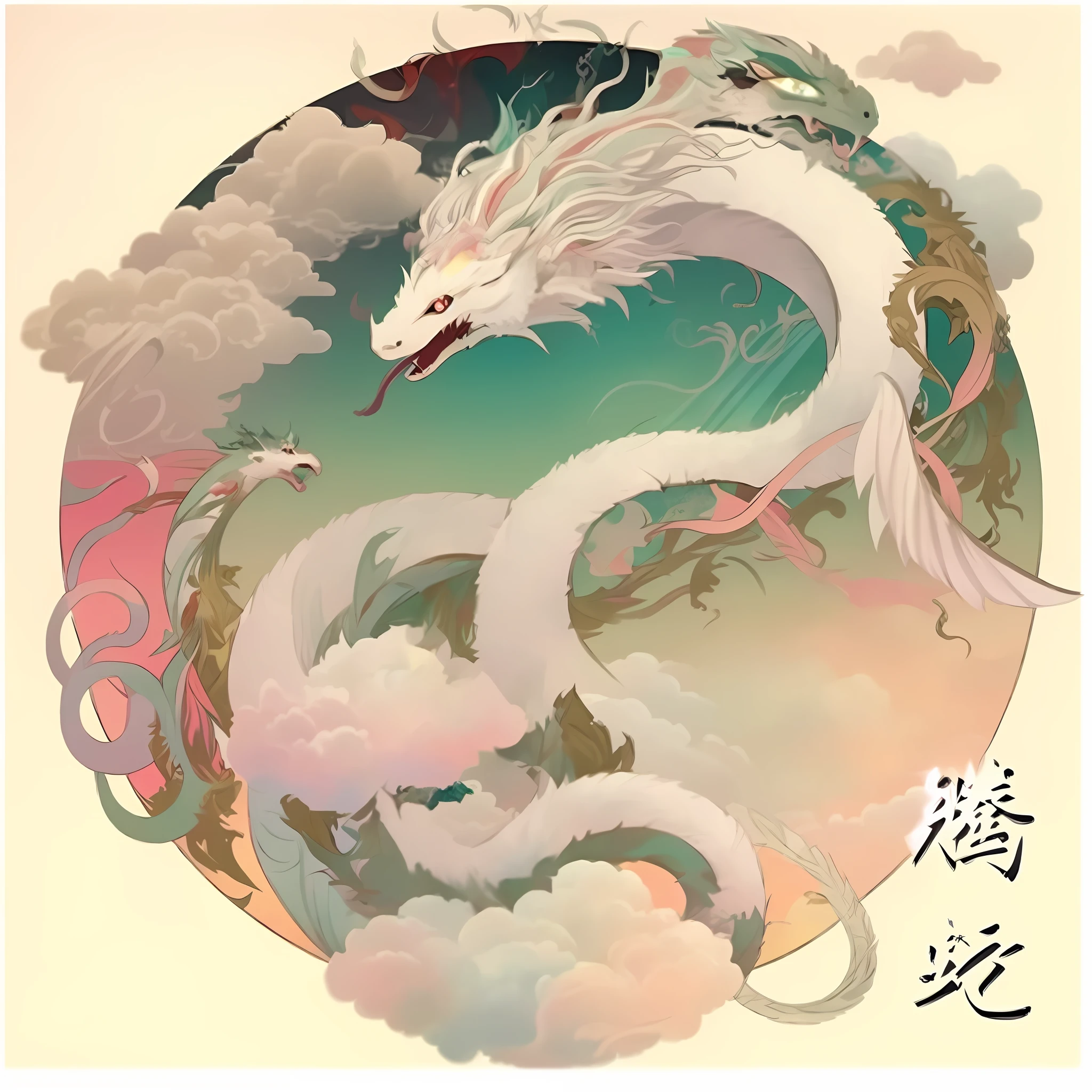 there is a dragon that is flying in the sky above the clouds, mizutsune, by Kanō Tan'yū, victo ngai and tristan eaton, victo ngai style, victo ngai! cmyk palette, chinese surrealism, chinese mythology, victo ngai and surrealism, victo ngai! muted colors
