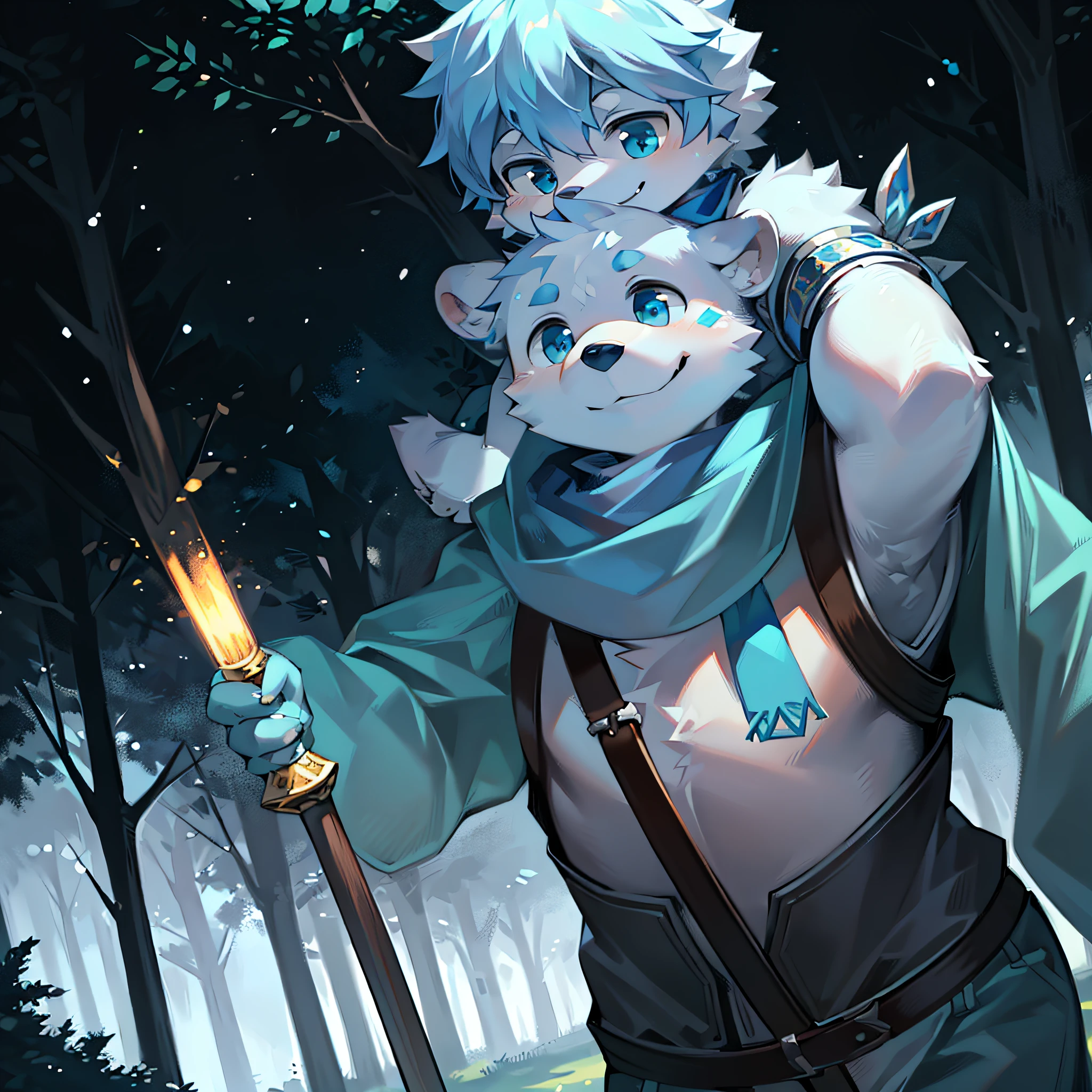 White bear, with a little light blue pattern on the tip of the ears, wearing a light blue scarf, smile, forest, adventure, armor, adventurer dress, bear type, boy, strong, cute