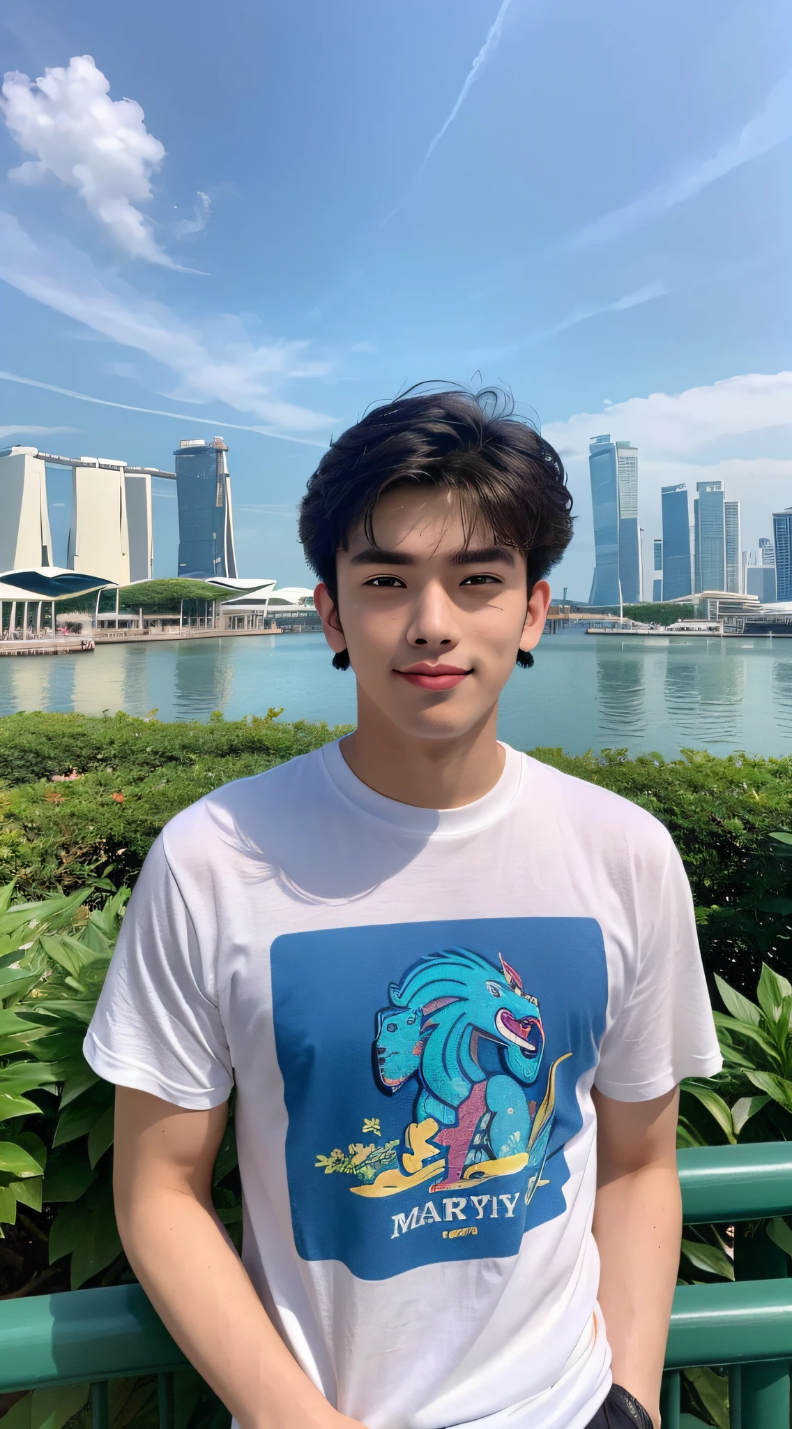 (a 21 year olds handsome boy, half frame), (wearing t shirt), (background Merlion, Marina Bay Sands, Garden by the Bay, China Town: 1.2)