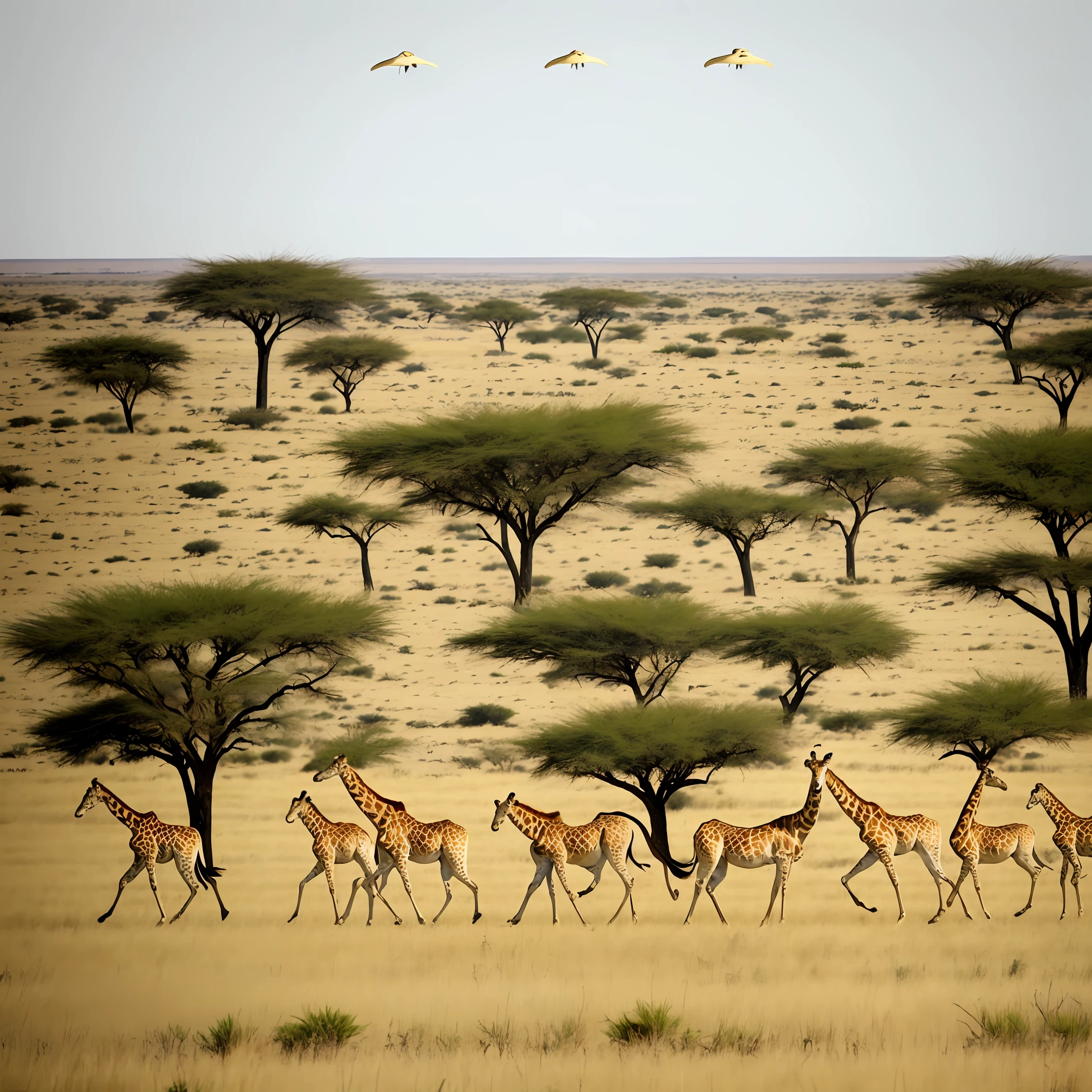 Three UFOs hovering in the sky African savannah, male lions and giraffes