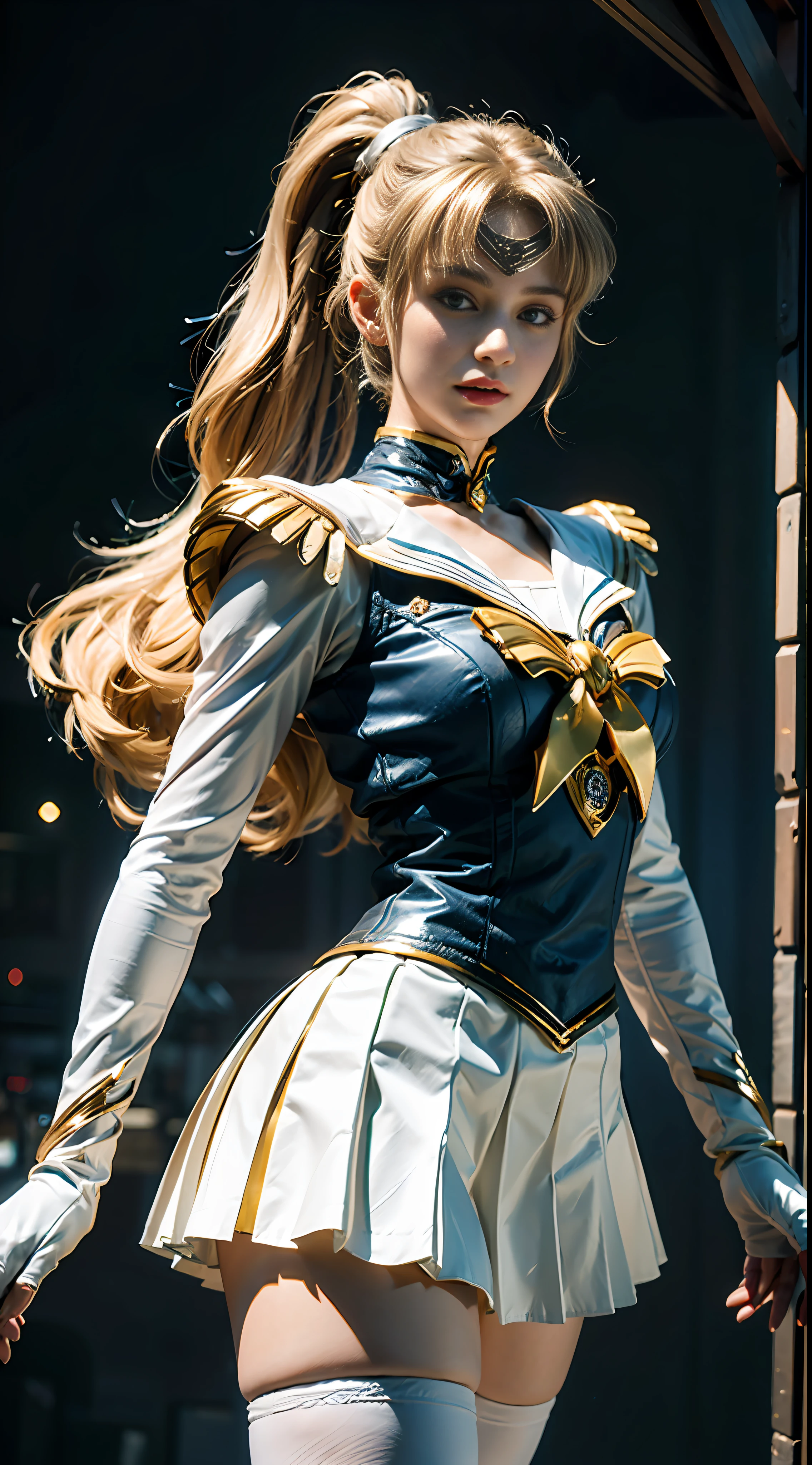 (Extreme Detail CG Unity 8K wallpaper, masterpiece, highest quality), (exquisite lighting and shadow, highly dramatic picture, Cinematic lens effect), (Sailor Moon: 1.1), orgasmic expression, delicate facial features, plump body, double ponytail, blue eyes, long blonde hair, tight top, white gloves, mini skirt, black stockings, dynamic pose), the background is the universe (excellent detail, excellent lighting, wide angle), (excellent rendering is enough to stand out in its class),