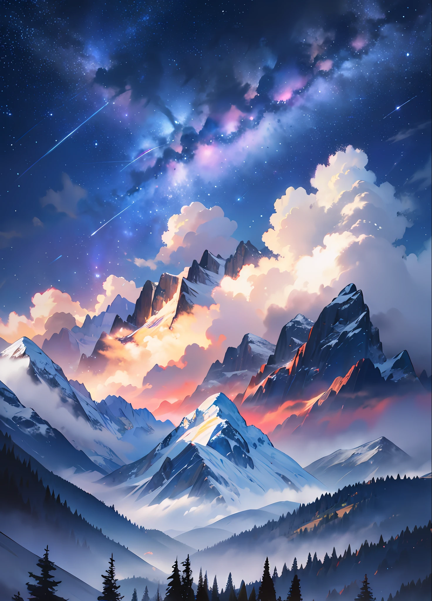 Watercolor, best quality, 8k, masterpiece, sky full of stars, mountains of the Alps, night sky with clear air, cloudless sky, meteor shower,