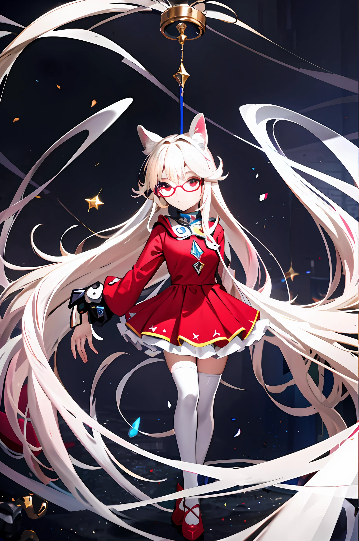 Experience a cluttered child’s toy room as a rift in space-time appears and cleans it up in the highest quality 4DCG, shot wide at eye level!, 1girl, long  multicolored hair, red eyes,  big  animal ears, mask on head, sidelighting, light particles, wallpaper ,wearing glasses, big breasts, put on headphones ,