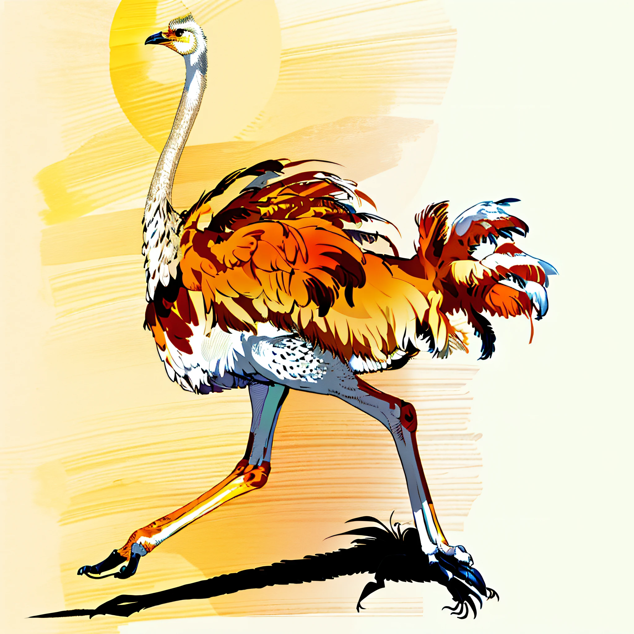 An ostrich, long neck, illustration, drawn in Photoshop, two legs with claws, line sketch, highly detailed animal, strong line art, bird legs, hand drawn illustration, biped, highly detailed animal painting,