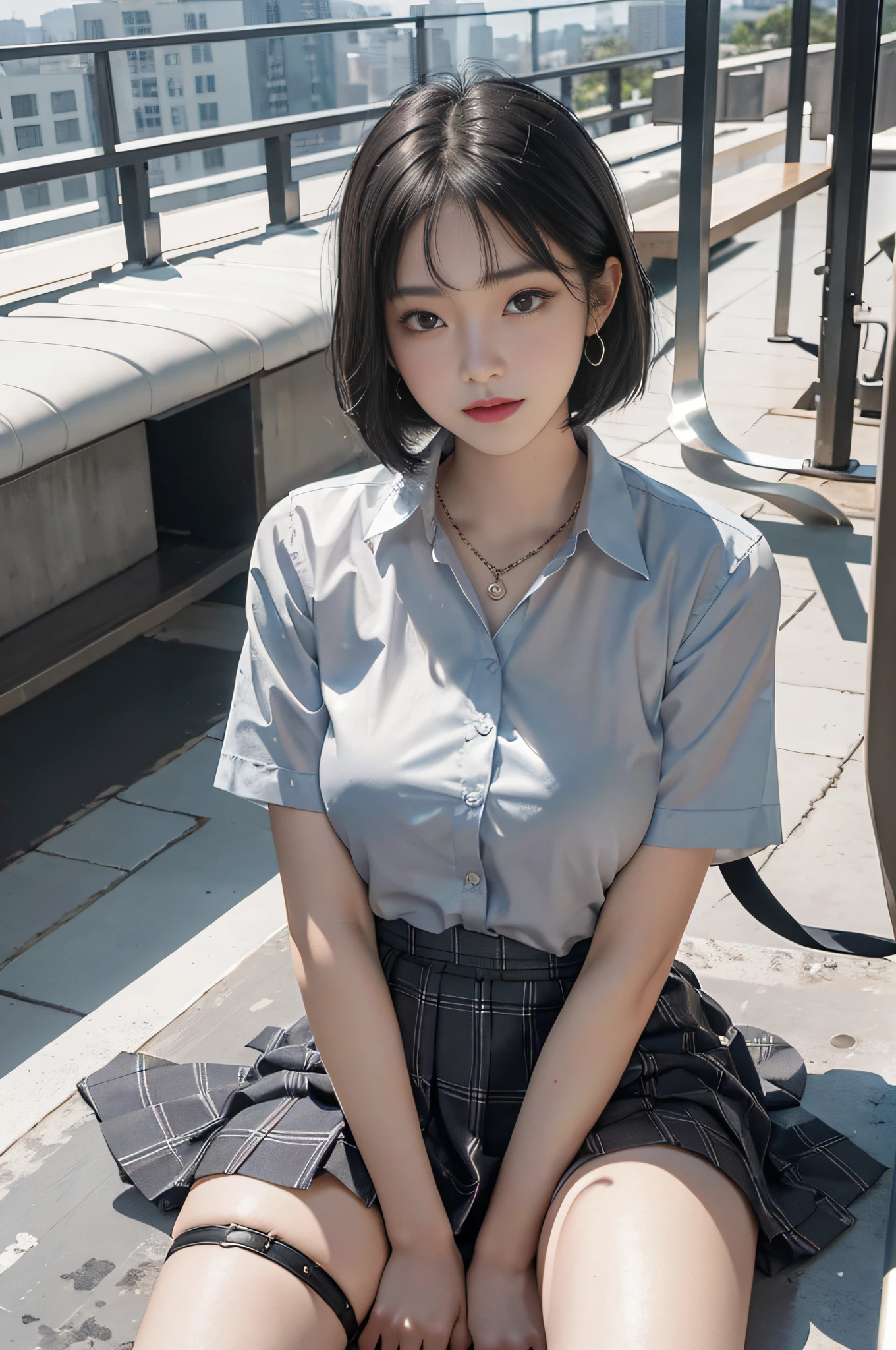 Top quality, RAW photos, ultra high resolution, smile, 17 year old Korean, very big round breasts, shiny black hair, bob cut, short cut, matching bangs, school uniform, collared shirt, ribbon, gray plaid skirt, pale red headband, beautiful eyes, very thin mouth,, beautiful eyes in detail, slender eyes, dark cheek makeup, long eyelashes, beautiful double eyelids, eyeshadow, beautiful slender legs, beautiful thighs, earrings, necklace, school rooftop, rooftop bench, rooftop iron fence, sit