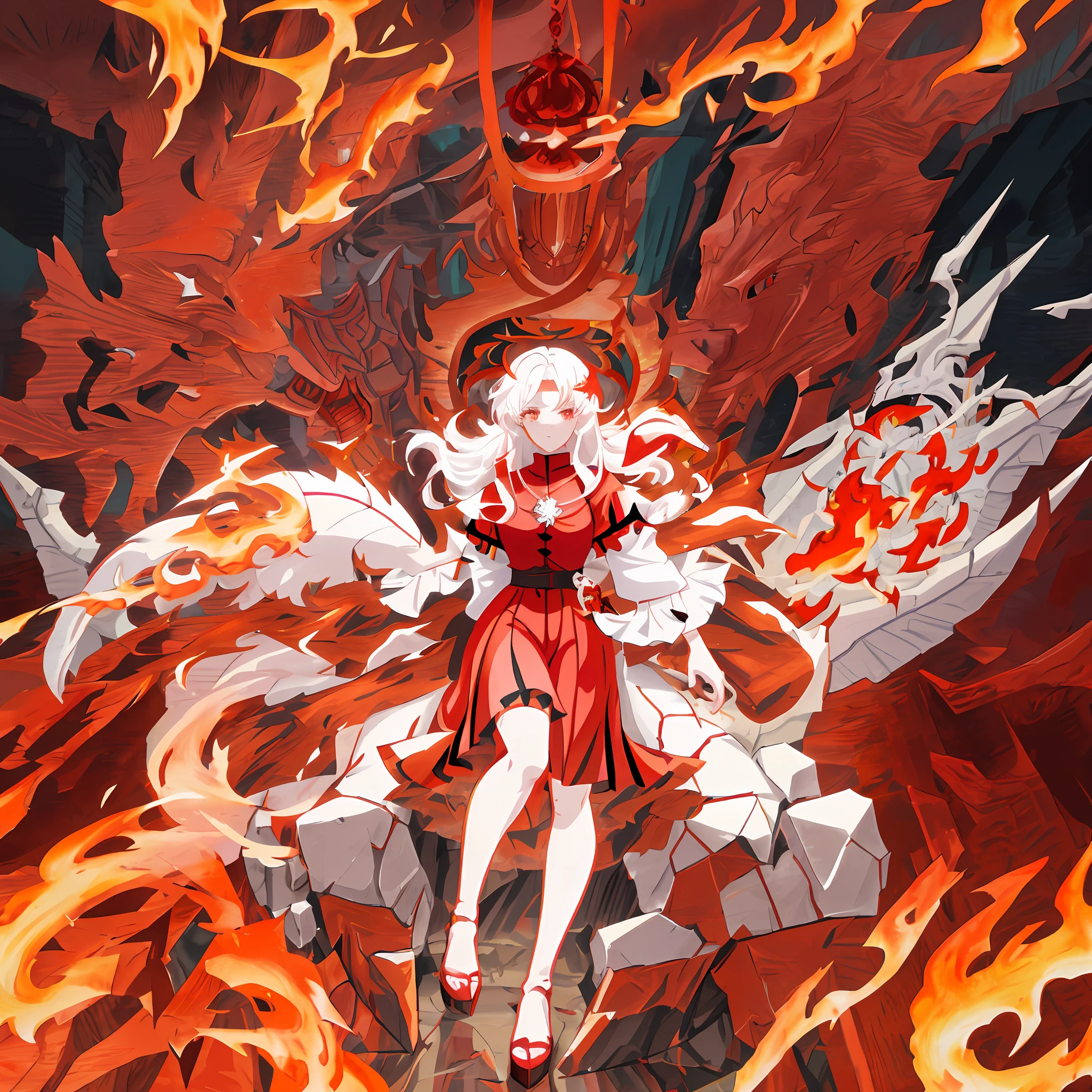 anime - style image of a woman in a red dress surrounded by fire, human and dragon fusion, dragon girl, edelgard fire emblem, dragon queen, lava and fire goddess, queen of dragons, fire demon, white haired deity, fire dragon, anime fantasy illustration, fire!! full body, flame conjuring armored, appears as the fire goddess, mika kurai demon