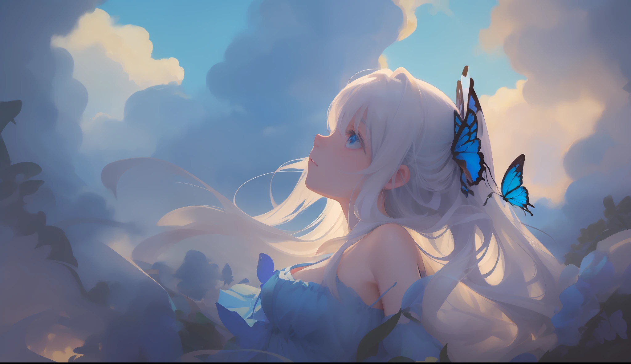 art by Cornflower, dreamy, (best quality, masterpiece, highres,cinematic lighting, volume lighting,contour deepening,(backlighting),profile,extremely detailed 8K wallpaper, 1girl,loli ,chiffon dress,an extremely delicate and beautiful,beautiful detailed eyes,white_hair,[[long_hair]],medium_breasts,(cumuliform cloud:1.35),(beautiful detailed cloud),Blue Butterfly,upper body)