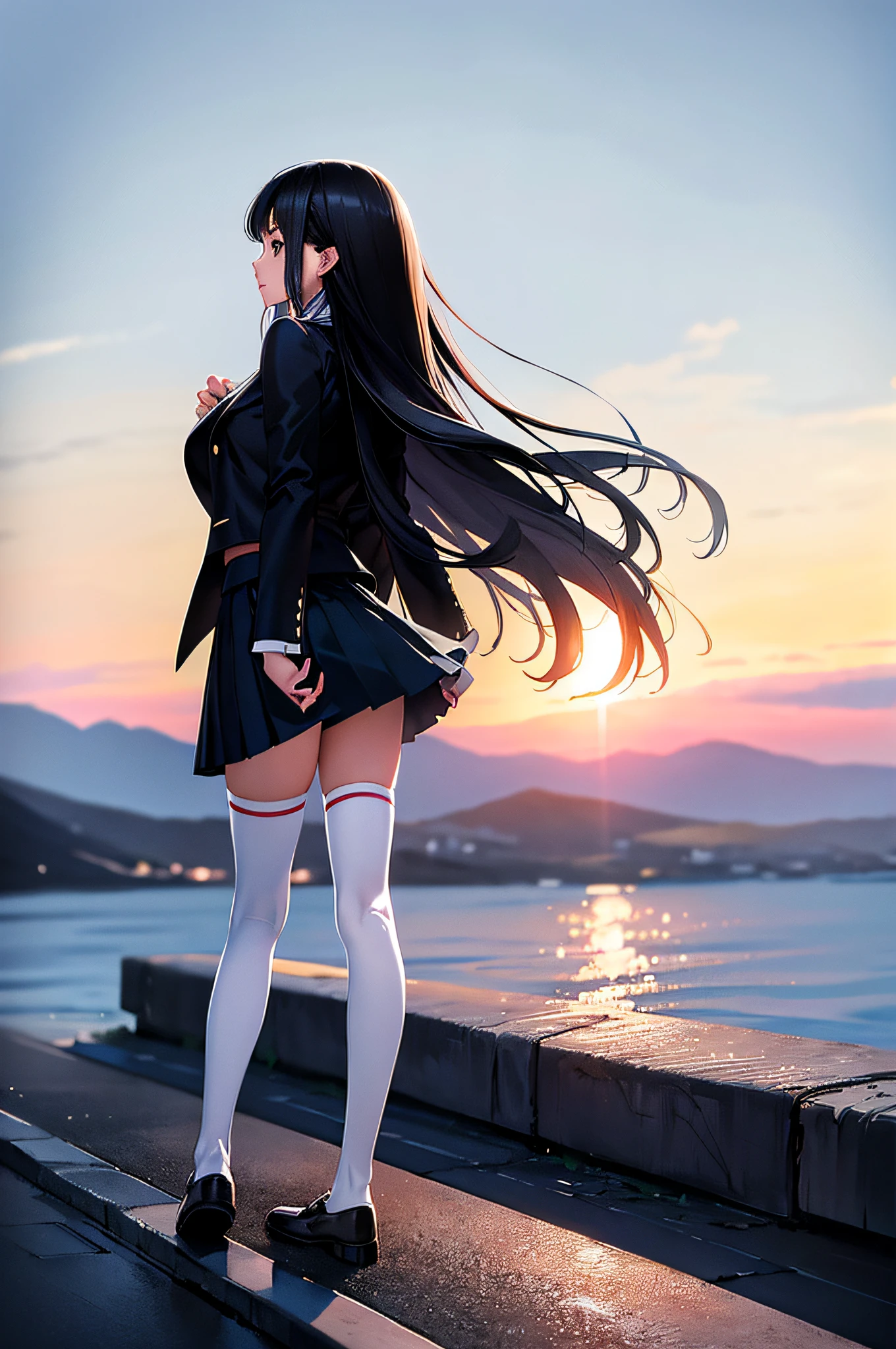 ((masterpiece, best_quality)), 1girl, (photorealistic:1.4),  solo, white_background, black_hair, long_hair,   zettai_ryouiki, skirt, ((full_body)),