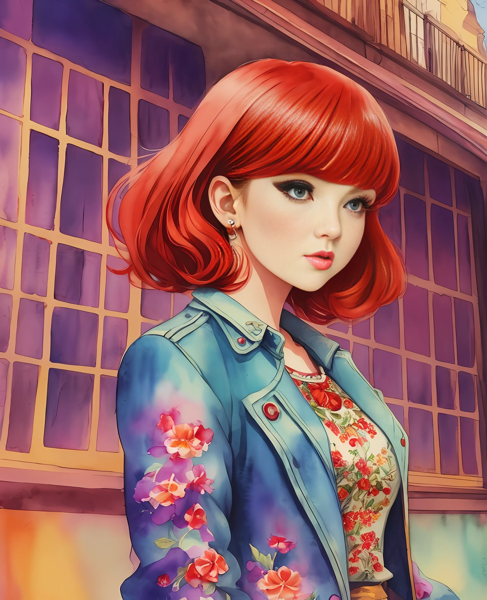 Photography, Beautiful girl, red hair, retro fashion, chibi and real style, masterpiece, colorful background, detailed, intricate details, rich colors, realistic style, soft watercolor