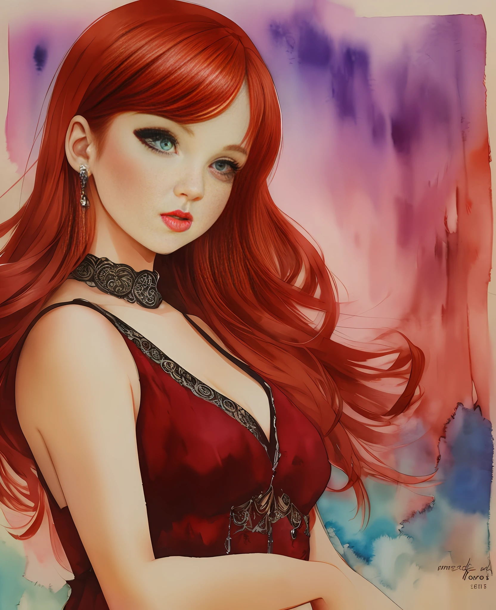 Photography, Beautiful girl, red hair, retro fashion, chibi and real style, masterpiece, colorful background, detailed, intricate details, rich colors, realistic style, soft watercolor
