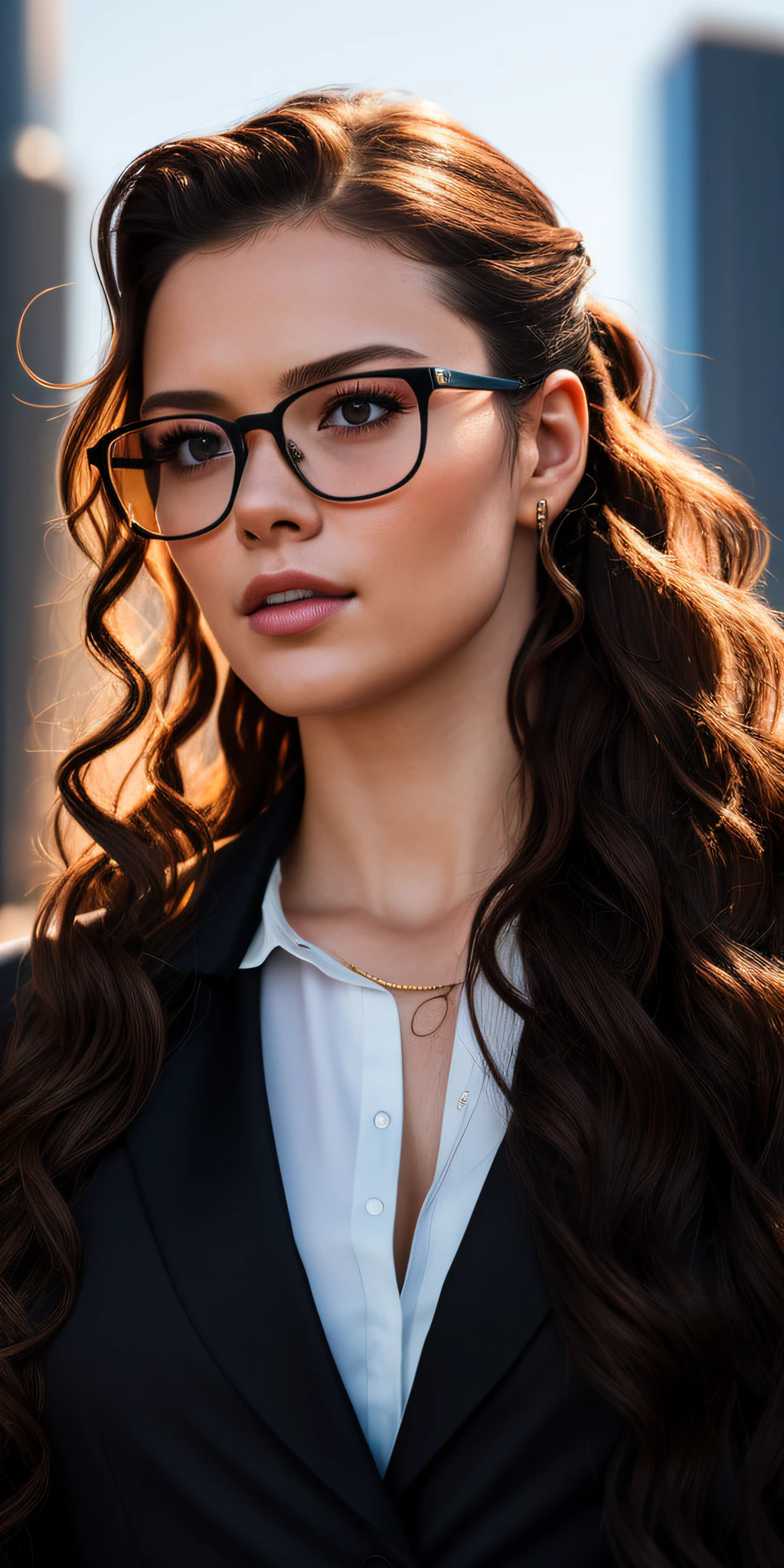 Full face portrait photo of 25 year old European girl, RAW, beautiful woman, semi-open strawberry lip, dimples, wistful expression, (brown hair with extra long wavy), ((detailed face)), ((detailed facial features)), (fine detailed skin), pale skin, (detailed dark blue business suit with deep neckline), Cyberpunk megacity environment, (cool colors), wet, damp, reflection, (masterpiece) (perfect proportions) (realistic photos) (highest quality) (detail) shot with Canon EOS R5, 50mm lens, f/2.8, HDR, (8k) (wallpaper) (cinematic lighting) (dramatic lighting) (sharp focus) (complex), raw photos, raw photos, gigachad photos, Camera Pose, Back Arm, 8K UHD, DSLR, High Quality, Grain Film, Fujifilm XT3, Film Stock Photo 4 Kodak Portra 400 Camera F1.6 Lens Rich colors Ultra-realistic textures Dramatic lighting Unreal Engine Art Station Trends Cinestir 800 Tungsten, Toughboy Style, Ultra Focus Faceintimidating, muscular, bursting veins, beads, ((black and long curly, ponytail)), wear glasses,