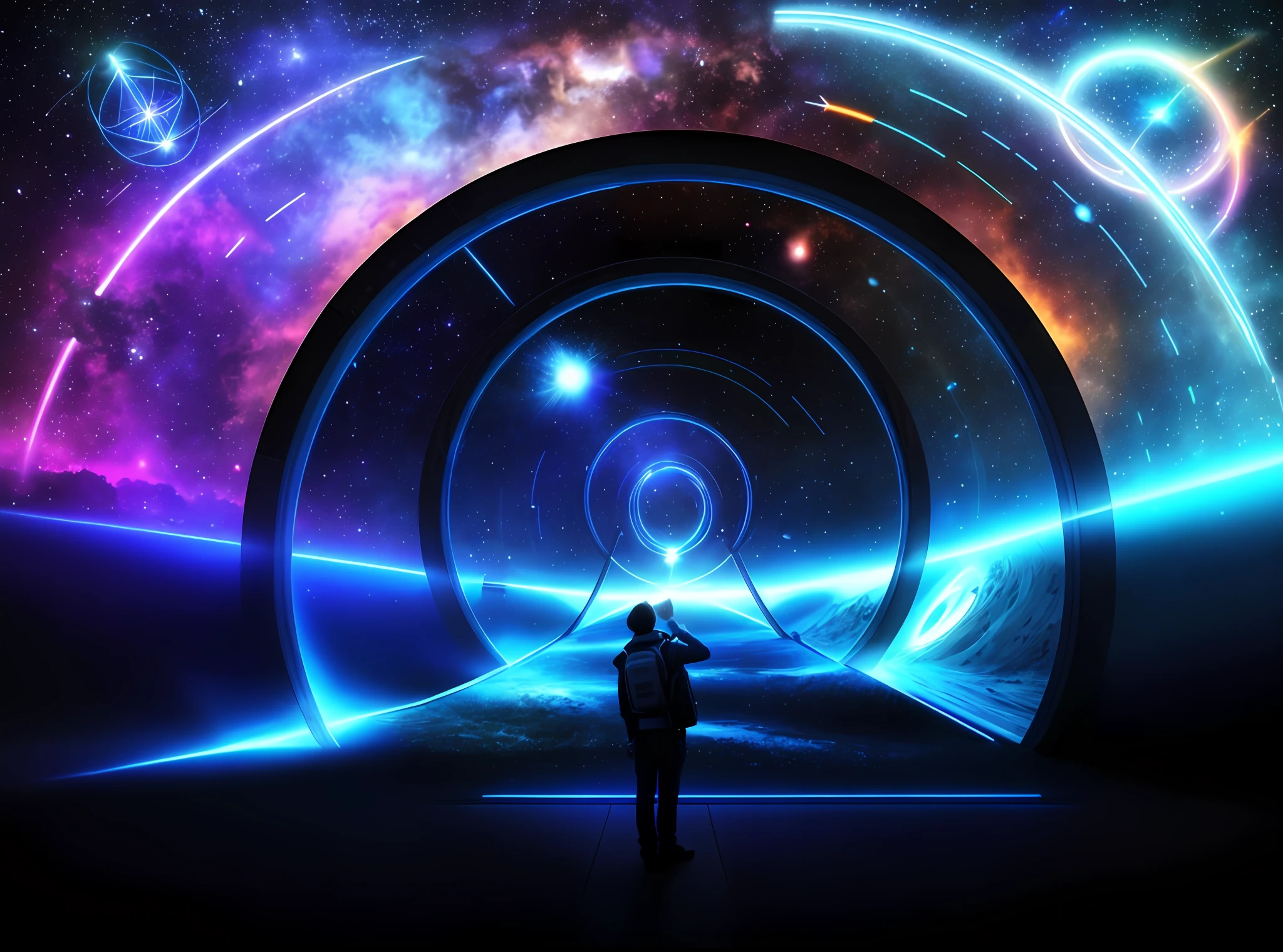 there is a man standing in front of a tunnel with a blue light, portal to outer space, gateway to another universe, portal to another universe, portal in space, interstellar infinity portal, open portal to another dimension, gateway to another dimension, portal to another dimension, looking out into the cosmos, majestic interstellar portal, deeper into the metaverse we go
