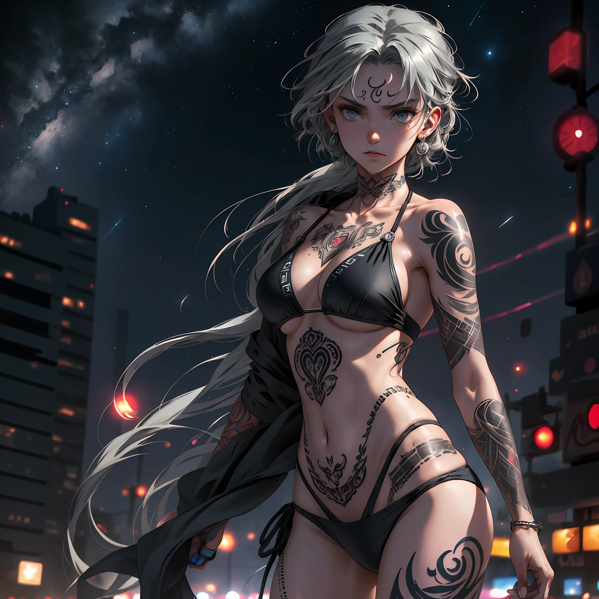 night city, neon, perfect starry sky, UHD, high detail, high quality, super detail, 16k, one woman, makoto shinkai, ghibli, gray hair, micro bikini, plain bikini, ((bikini with less fabric)), big eyes, long eyelashes, very long eyelashes, ethnic tattoos, (tattoos that cover the entire body), (lots of tattoos)), tattoos on the chest, tattoos on the arms, tattoos on the fingers, ((tattoos all over the chest)), beautiful face, neutral features, (short hair)