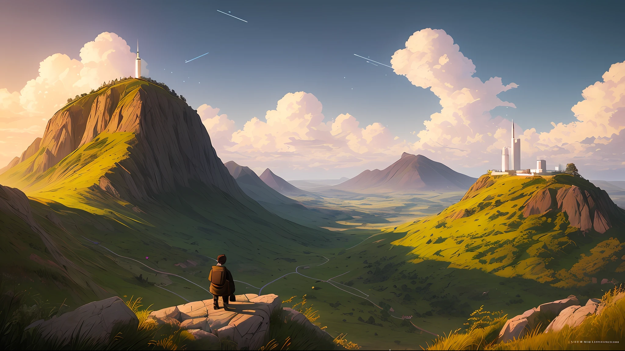 a highly detailed matte painting of a man on a hill watching a rocket launch in the distance by studio ghibli, makoto shinkai, by artgerm, by wlop, by greg rutkowski, volumetric lighting, octane render, 4 k resolution, trending on artstation, masterpiece, art by greg rutkowski and artgerm, soft cinematic light, adobe lightroom, photolab, hdr, intricate, highly detailed, ((((depth of field))))