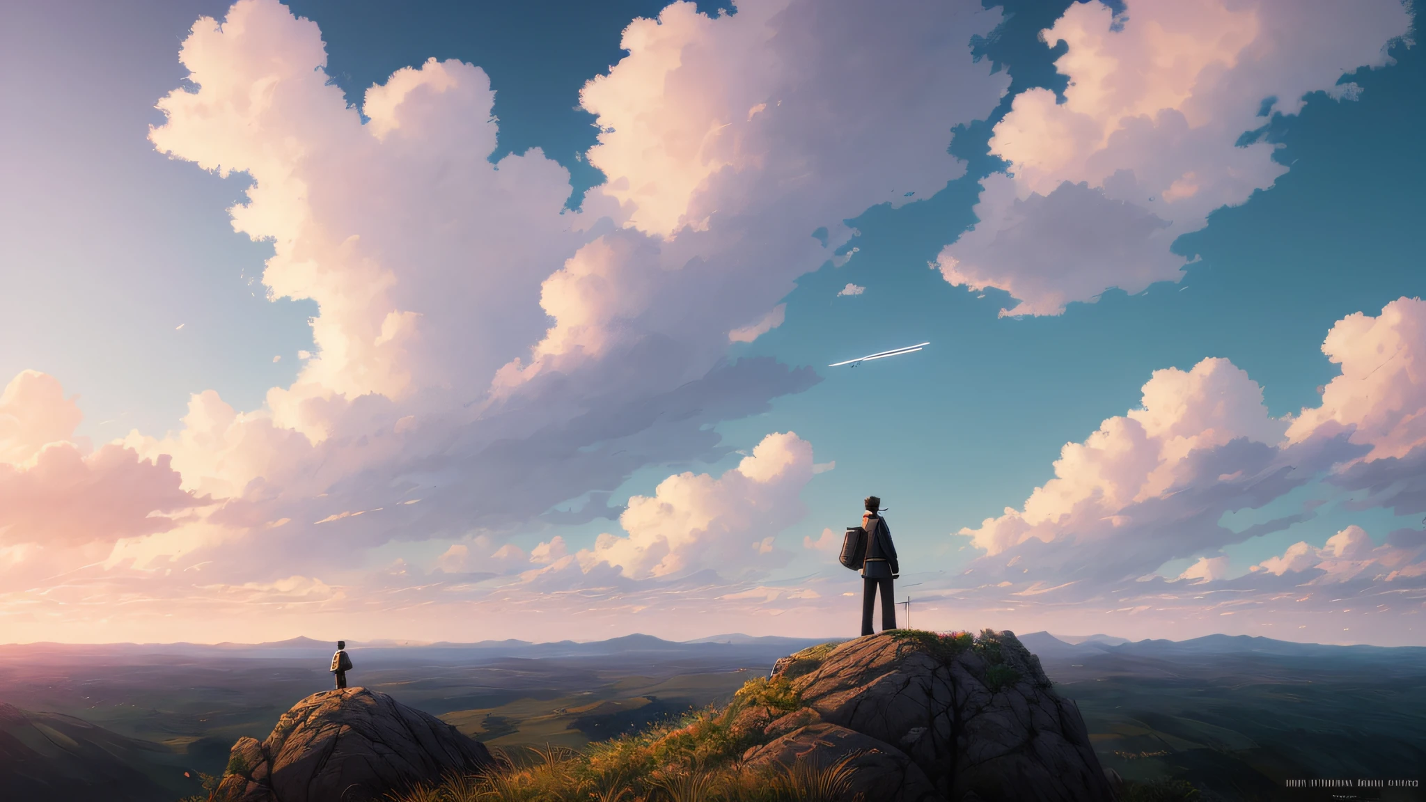 a highly detailed matte painting of a man on a hill watching a rocket launch in the distance by studio ghibli, makoto shinkai, by artgerm, by wlop, by greg rutkowski, volumetric lighting, octane render, 4 k resolution, trending on artstation, masterpiece, art by greg rutkowski and artgerm, soft cinematic light, adobe lightroom, photolab, hdr, intricate, highly detailed, ((((depth of field))))