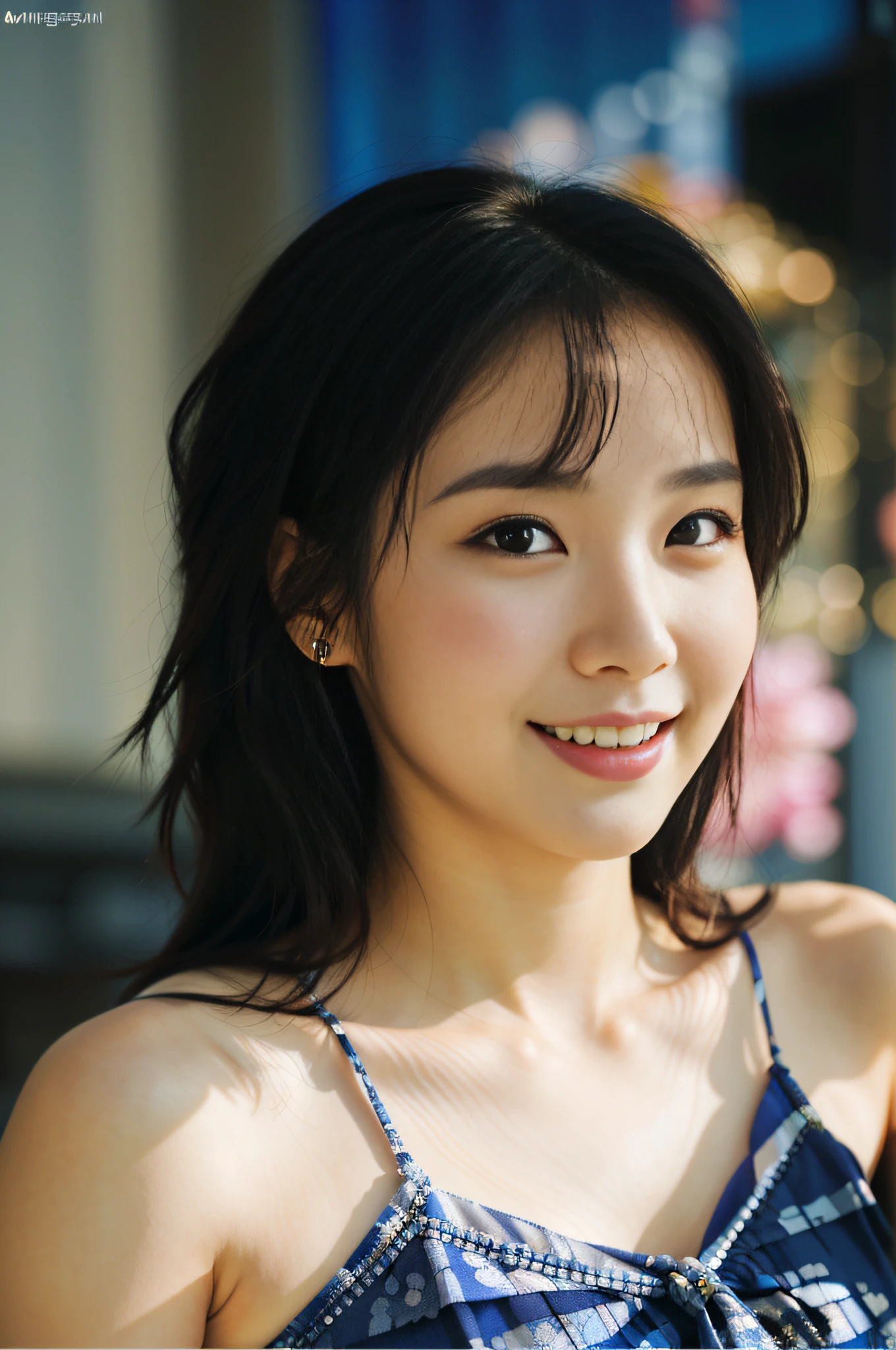 araffe asian woman with a smile on her face and a blue dress, portrait of female korean idol, gorgeous young korean woman, 8k artgerm bokeh, young adorable korean face, beautiful young korean woman, beautiful south korean woman, cute korean actress, young cute wan asian face, female actress from korea, wan adorable korean face, lee ji-eun