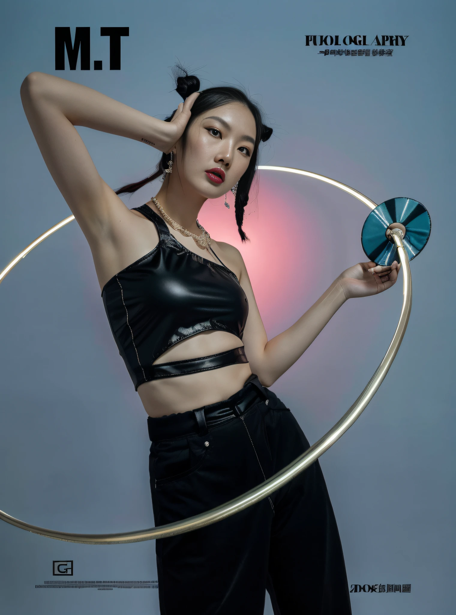 arafed woman in black top and black pants holding a hula hoop, inspired by Gong Xian, inspired by Feng Zhu, shot on canon eos r 5, shot on canon eos r5, inspired by Zhu Da, inspired by Wang E, xision wu, solar punk product photo, inspired by Gao Cen, blackpink jennie, inspired by Yanjun Cheng