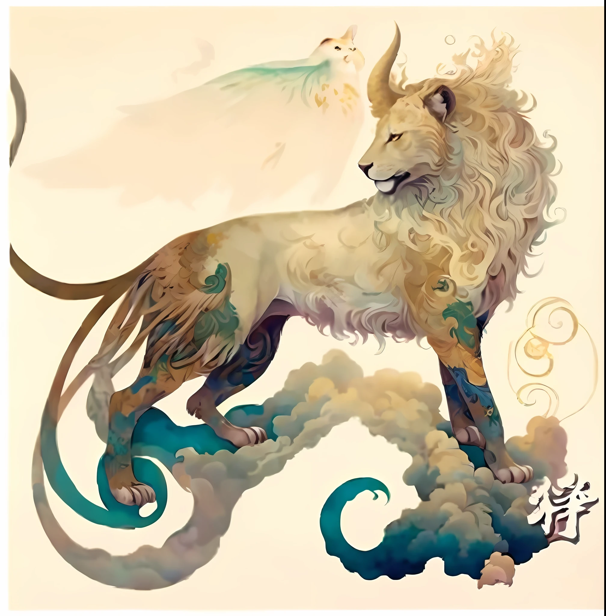 there is a painting of a lion with a bird on its back, mythical creature, inspired by Jon Foster, by Li Zai, daniel merriam :.1, by Ju Lian, jc leyendecker and sachin teng, james jean and wlop, a mythical creature, beeple and jeremiah ketner, by Zeen Chin, by Ryan Yee, by Jon Foster