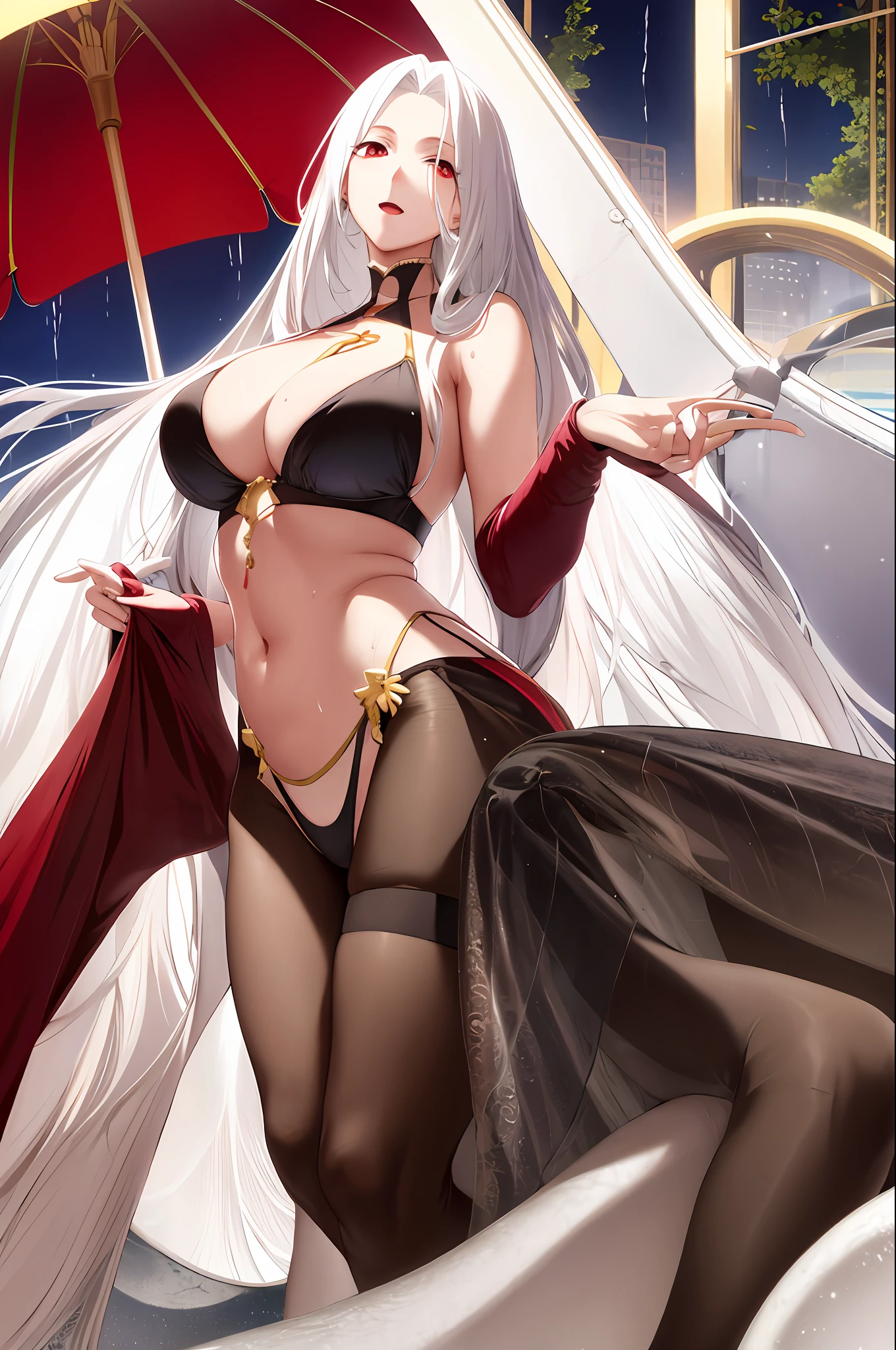 Masterpiece, absurd, 1 girl, mom, white hair, red eyes, mature, solo, long hair, smile, cleavage, wet with water, black stockings, white suit, rigorous anatomy, airplane cabin background, crop top: o,