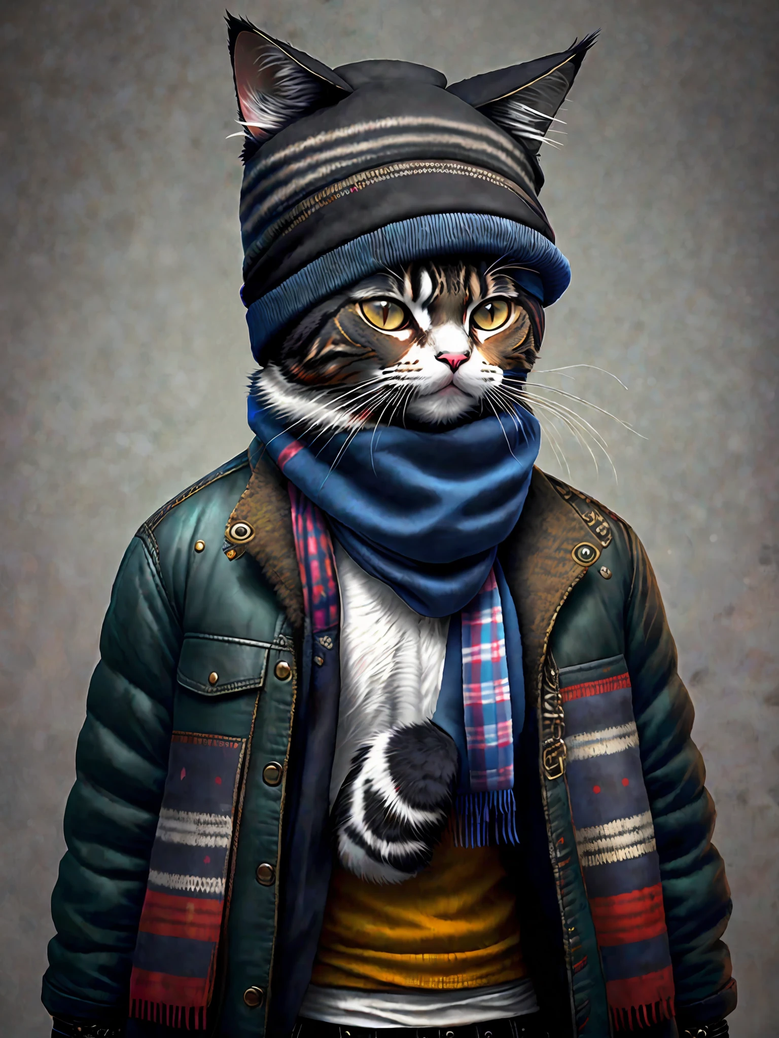 picture of a cat in a hat and scarf, art station trend, dressed in punk clothes, hyper realistic detailed rendering, british gang member, urban style, intimidating pose, planet of cats, fashion clothes, urban samurai, meow, west slavic traits, 8 1 5