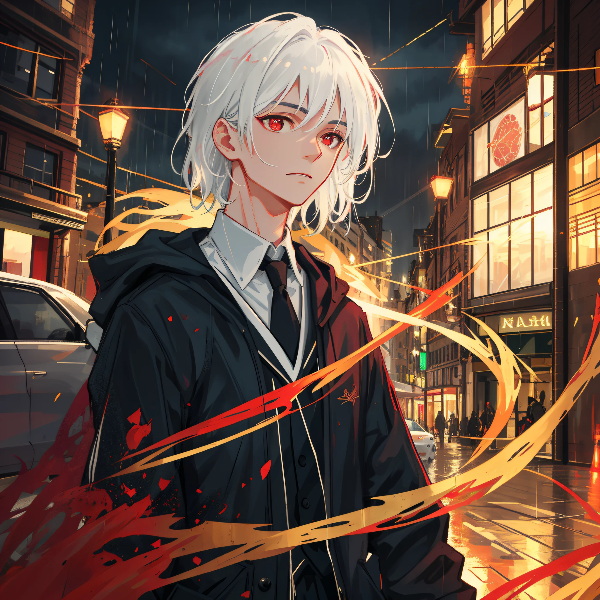 masterpiece, best quality, extremely detailed, cinematic lightning, intricate detail, high resolution, official art, fine face and eyes, high resolution illustration, 8k, depth of field, bokeh, solo, 1boy, a boy with white hair and red eyes, handsome short hair, handsome red eyes, beautiful landscape, rain city, upper body, looking at the audience, closeup