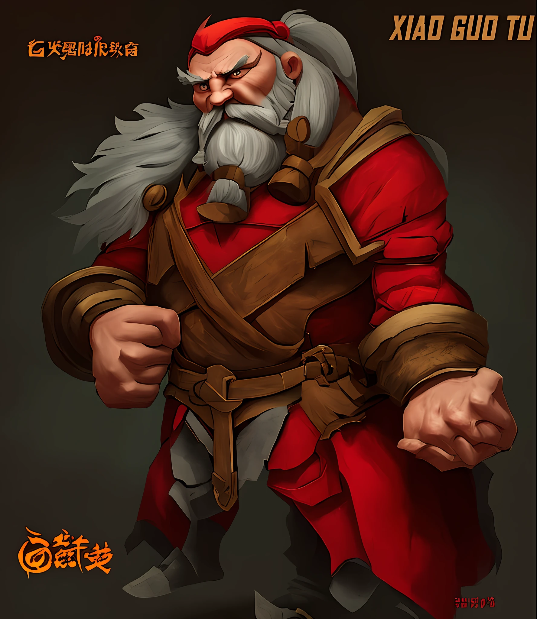 cartoon character of a man with a beard and a beard in a red outfit, high quality character design, game character design, inspired by Hu Zaobin, hero character art, game character art, fierce bearded dwarf, muscular character, warrior character design, very stylized character design, male character design, inspired by Huang Ding, stylized character design, hard edges concept art