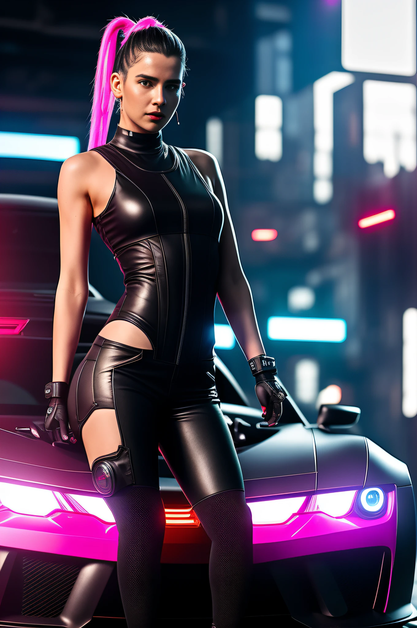 (masterpiece)+, (Best Quality)+, (Complex detail)+, award winning high definition photograph, cyberpunk car, a sexy girl posing next to the car matte black painting, pink ponytail, cyberpunk clothes, showroom concept, lens flare, camera artifact, professional photographer, 4k, HDR, longitudinal symmetry