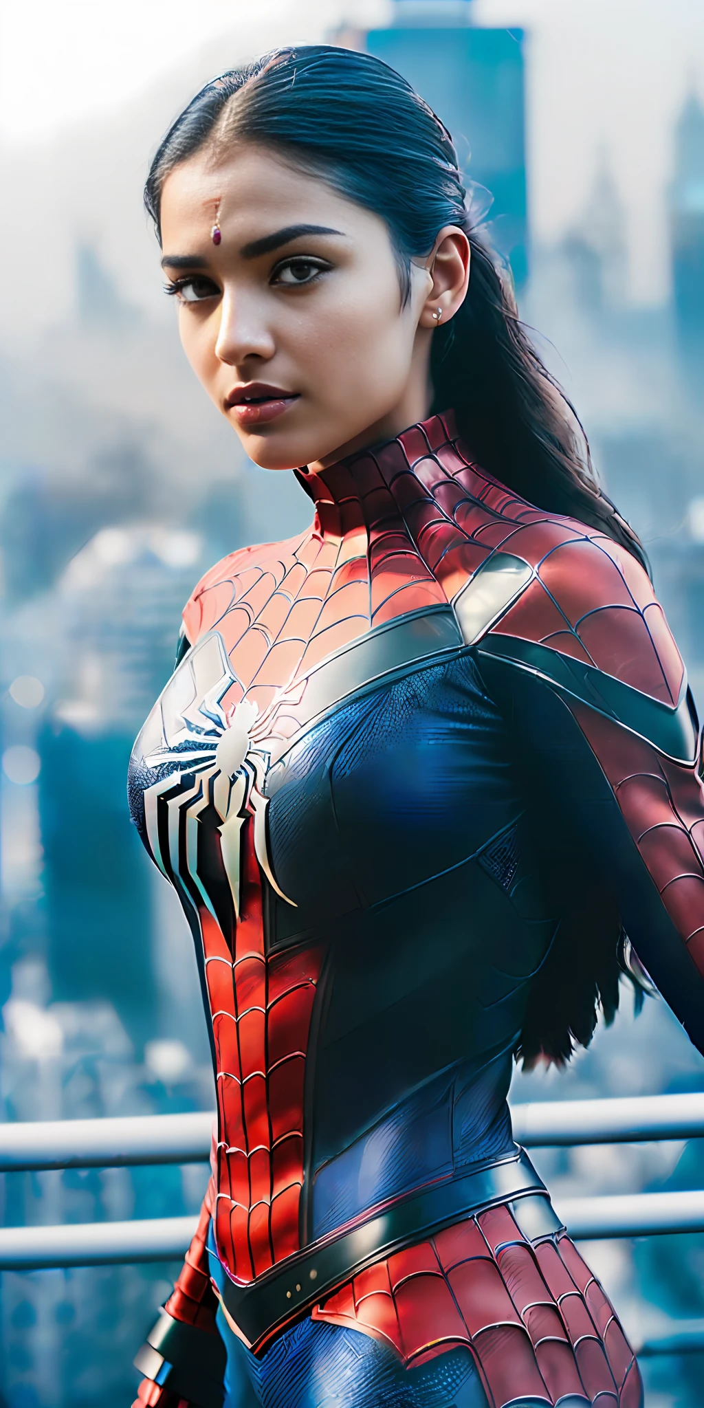 (1girl indian:1.3), Solo, (((Very detailed face)))), ((Very detailed eyes and face)))), Beautiful detail eyes,((gigantic boobs)(,Body parts__, Official art, Unified 8k wallpaper, Super detailed, beautiful and beautiful, beautiful, masterpiece, best quality, original, masterpiece, super fine photo, best quality, super high resolution, realistic realism, sunlight, full body portrait, amazing beauty, dynamic pose, delicate face, vibrant eyes, (from the front), She wears Spider-Man suit, red and black color scheme, spider, very detailed city roof background, rooftop, overlooking the city, detailed face, detailed complex busy background, messy, gorgeous, milky white, highly detailed skin, realistic skin details, visible pores, clear focus, volumetric fog, 8k uhd, DSLR, high quality, film grain, fair skin, photo realism, lomography, futuristic dystopian megalopolis, translucent