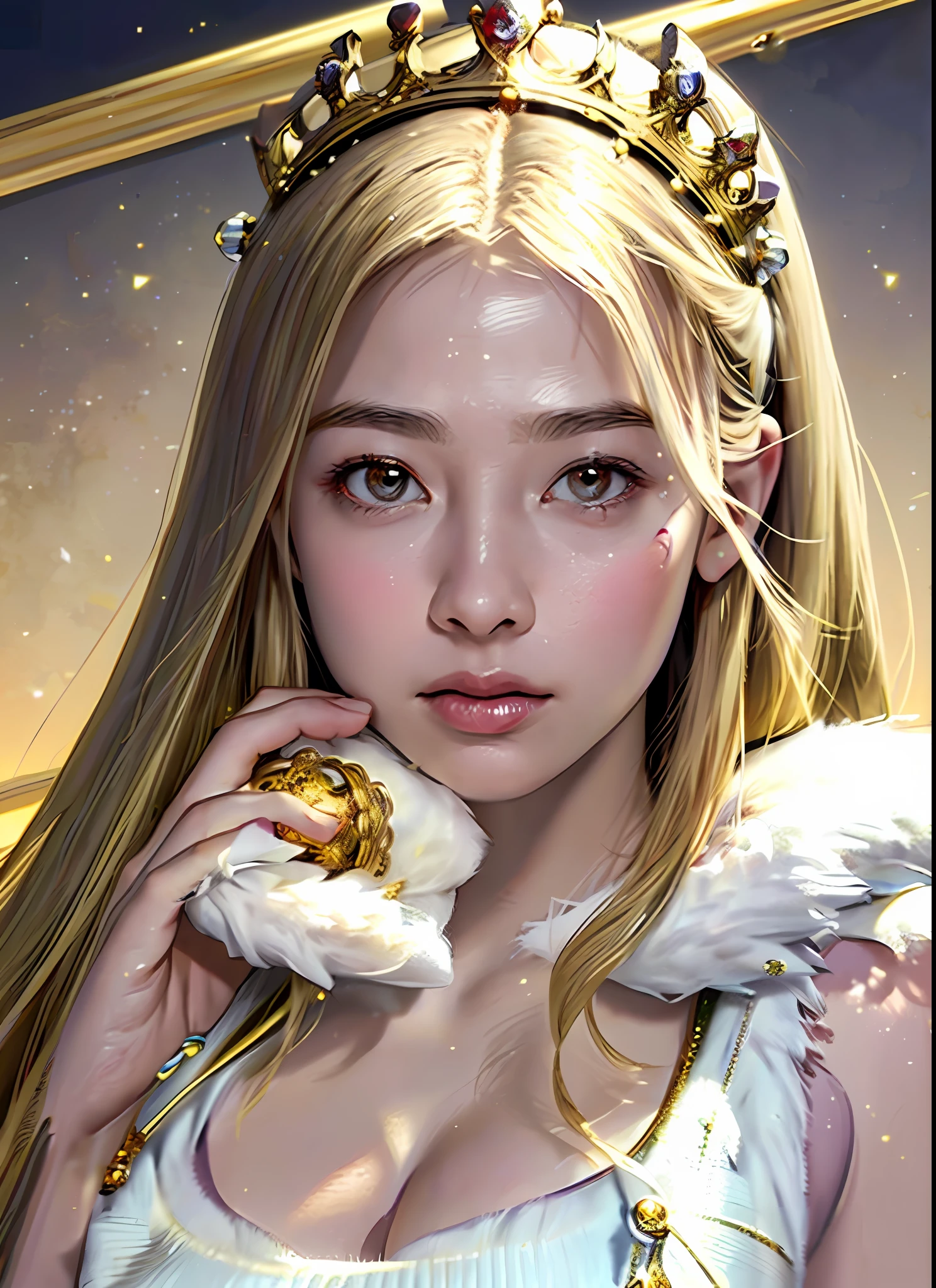 Ultra-detailed complex 3D rendering of the face, (big breasts: 7.8), glamour shot full body image, long hair, viewer view, bare feet, armpits, wearing intricate super armor, (shiny skin),((Realistic lighting, top quality, 8K, masterpiece: 1.3)), Clear Focus: 1.2, 1 girl, Perfect figure: 1.4, , (cleavage), intricate details, (ultra-detailed queen armor, Fur-lined cape, jeweled ultra-detailed large crown: 1.2), big,, sexy swimsuit, (surreal), (high resolution), (8K), (very detailed), (beautiful detailed eyes), she radiates a soft and bright light and illuminates everything around her, light particles, ultra-detailed detail jewels, one girl, solo, long hair, wind, gorgeous face, top quality, masterpiece, Maximum detail, diffused lighting, (blonde: 1.3), Valhalla Valkyrie, beauty, facial muscles