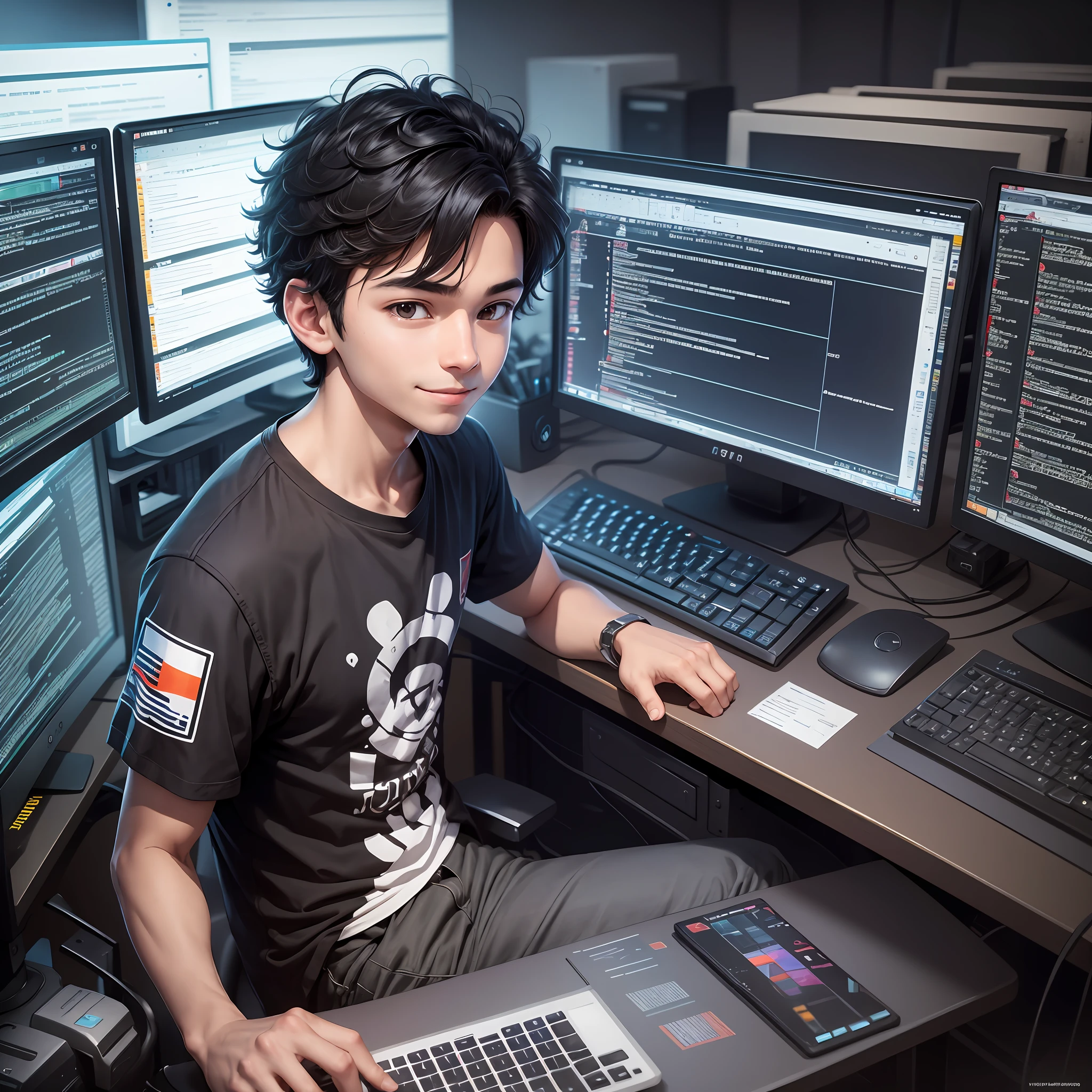 Boy characteristics: black hair, young, with a focused smile on his face, slightly tired but passionate.
Workstation: A modern workstation, consisting of a desk, computer and other technological equipment.
Coding: The boy is tapping intently on the keyboard, his fingers nimble, showing his programming skills. The number of lines of code shows the progress of his work.
Picture atmosphere: The dim lighting in the background highlights the brightness of the screen at the workstation. The surrounding walls are covered with technology-related posters and stickers.
Tech: Multiple screens surrounding the boy display dense lines of code, server data, and working diagrams, creating a high-tech atmosphere.
Warm details on the walls: A thank you note or compliment from the user is posted to express his love for his work and a sense of accomplishment. --auto --s2