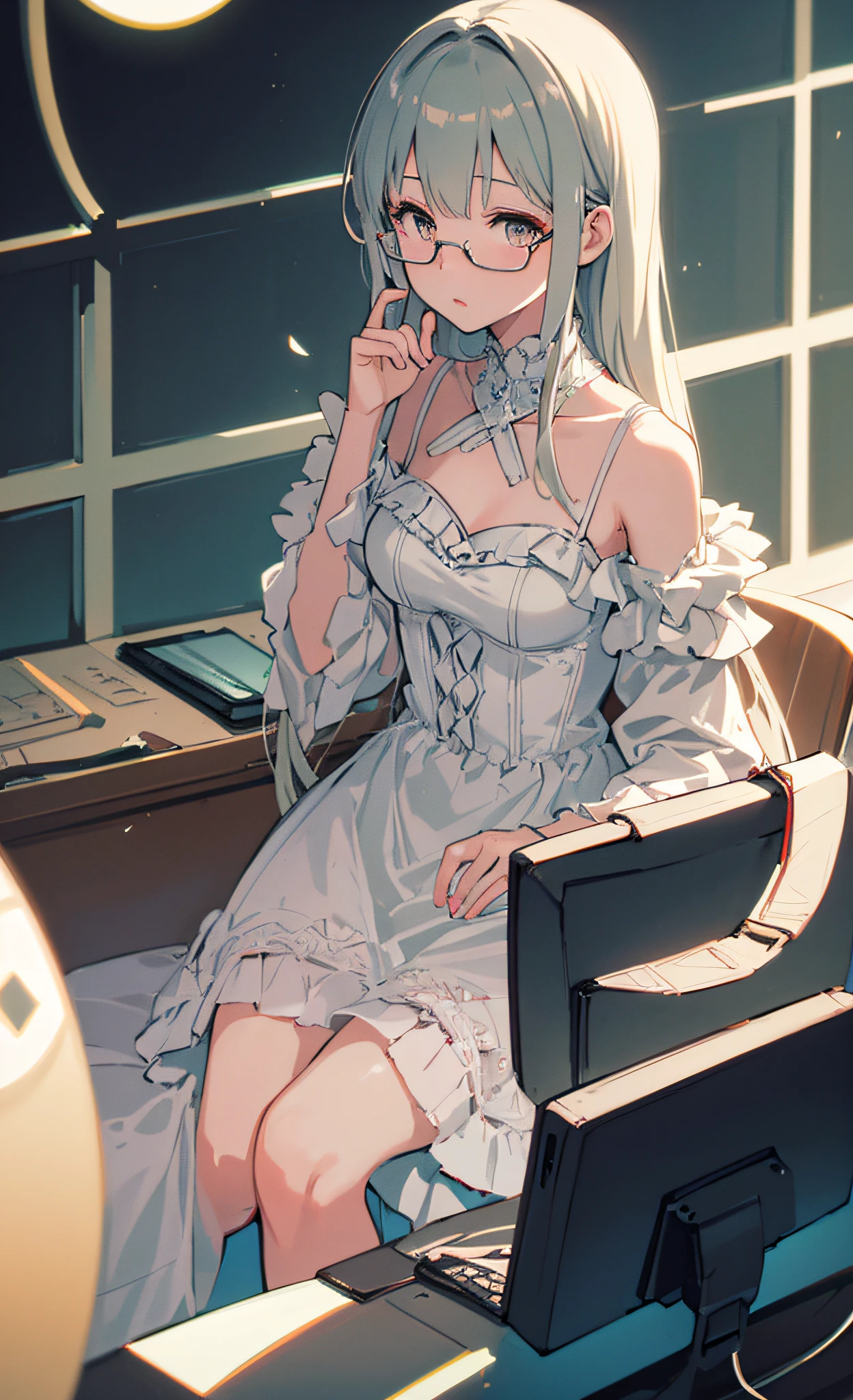 Masterpiece, ((Best Quality)), (Ultra Detailed), (Illustration), Extremely Delicate Beauty, Dynamic Angle, Chromatic Aberration, //((Girls: 1.1), (Glasses: 1.1)), Computer, Solo
