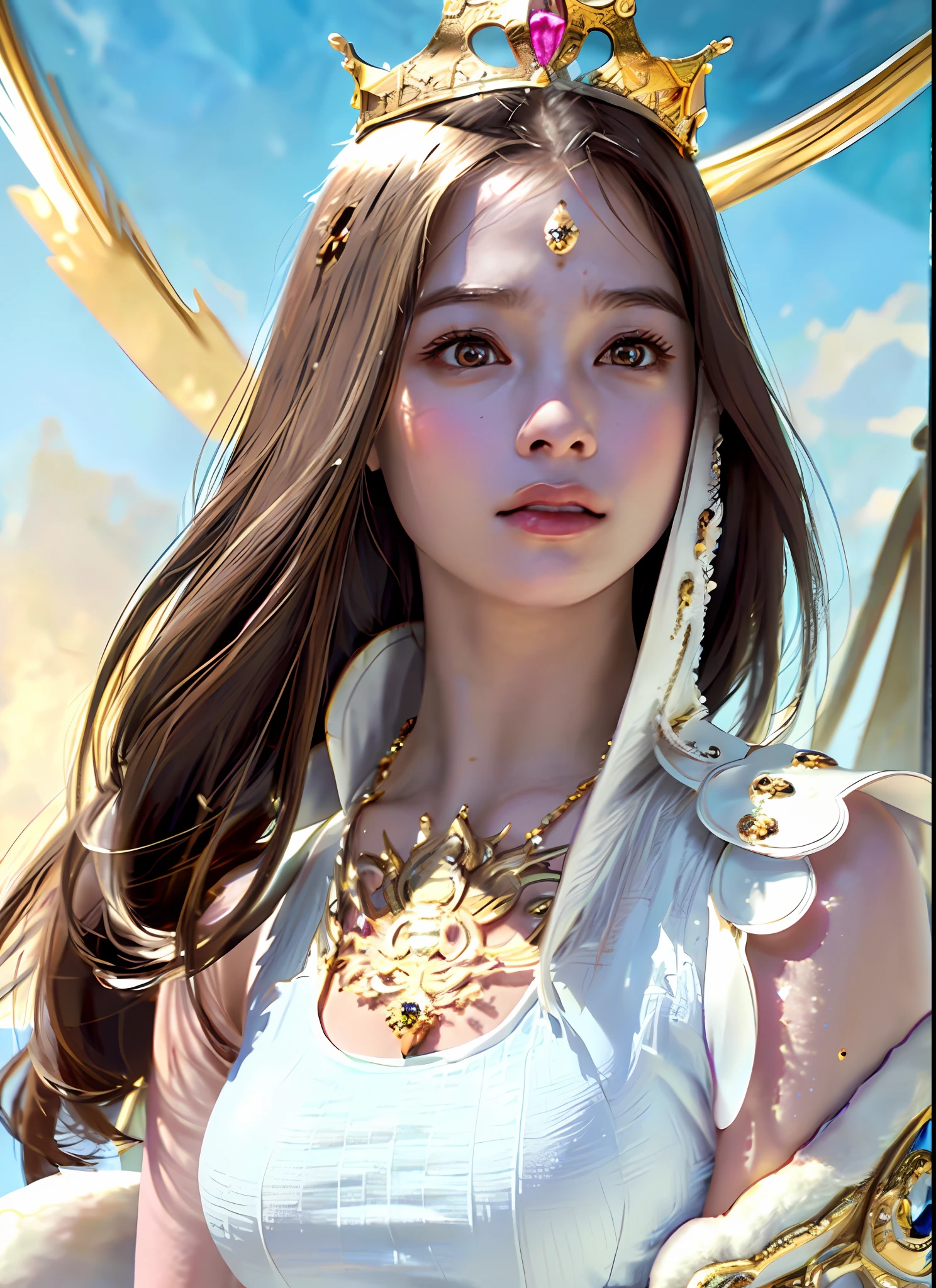 Ultra-detailed complex 3D rendering of the face, (big breasts: 7.8), glamour shot full body image, braless, long hair, viewer watch, wearing intricate super armor, barefoot, armpits, (shiny skin),((Realistic lighting, top quality, 8K, masterpiece: 1.3)), clear focus: 1.2, 1 girl, perfect figure: 1.4, (cleavage), intricate detail, (warrior queen armorFur-lined cape, jeweled ultra-detailed big crown:1.2), big,, sexy swimsuit, (surreal), (high resolution), (8K), (very detailed), (beautiful detailed eyes), she emits soft and bright light and illuminates everything around her, light particles, ultra-detailed detail jewels, 1 girl, solo, long hair, wind, gorgeous face, top quality, masterpiece, Maximum detail, diffused lighting, (brown hair: 1.3), Valhalla Valkyrie, beauty, facial muscles