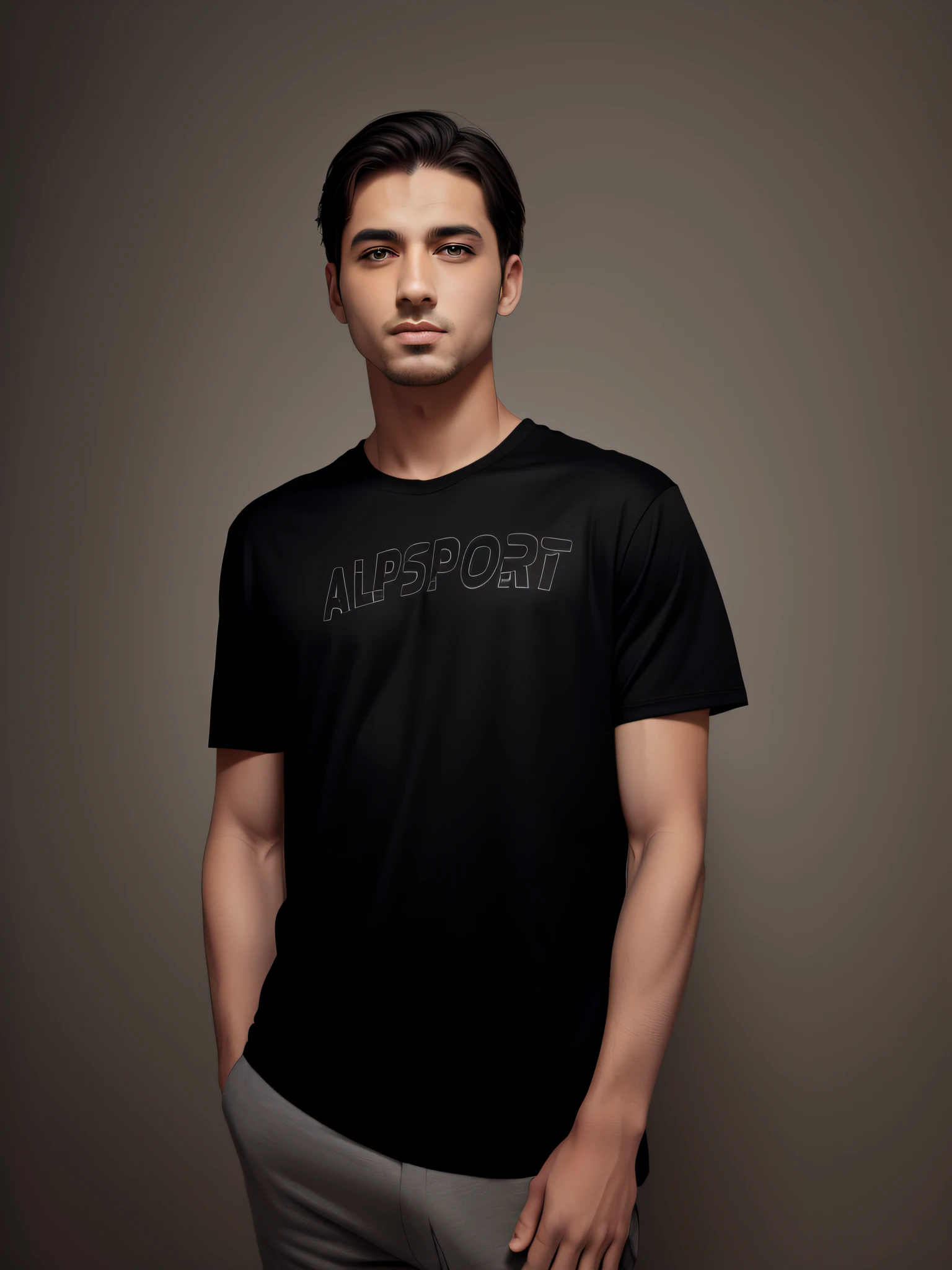 Allafard man posing for photo in black shirt and gray pants, official product picture, short sleeves, front portrait, sports t-shirt, official product photo, he is wearing black t-shirt, black t-shirt, black t-shirt, product photo, product photo, full length view, wearing black t-shirt, t-shirt. Surrounded by streets