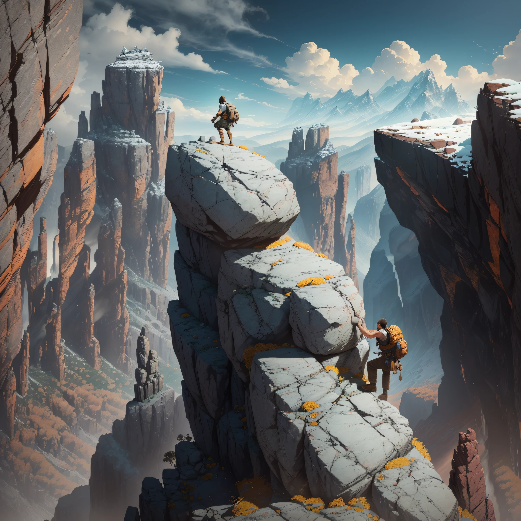 In this picture, we can see a warrior climbing a peak. His body stretched long, his hands and feet clinging to the rock. His muscles are well defined and seem to have been training for this moment for a long time. We can see his face covered in sweat and he is overcoming his fear of altitude by breathing rapidly. His eyes were fixed on the target, with an unwavering determination. Surrounded by towering rocks and cliffs, it gives a thrilling feeling. The picture adopts an oblique composition and a distant view, allowing the audience to feel the danger and challenge of climbing the peak. The whole picture is very shocking, and people can't help but sigh at the courage and tenacity of the warriors. --auto --s2