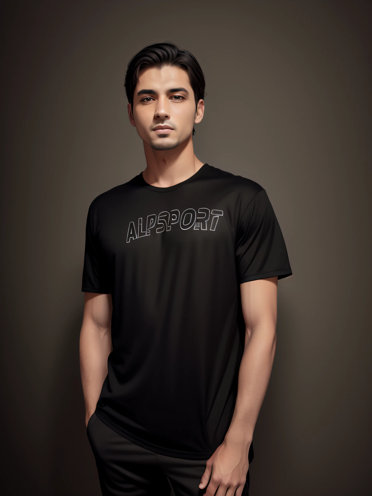 Allafard man posing for photo in black shirt and gray pants, official product picture, short sleeves, front portrait, sports t-shirt, official product photo, he is wearing black t-shirt, black t-shirt, black t-shirt, product photo, product photo, full length view, wearing black t-shirt, t-shirt. Surrounded by streets