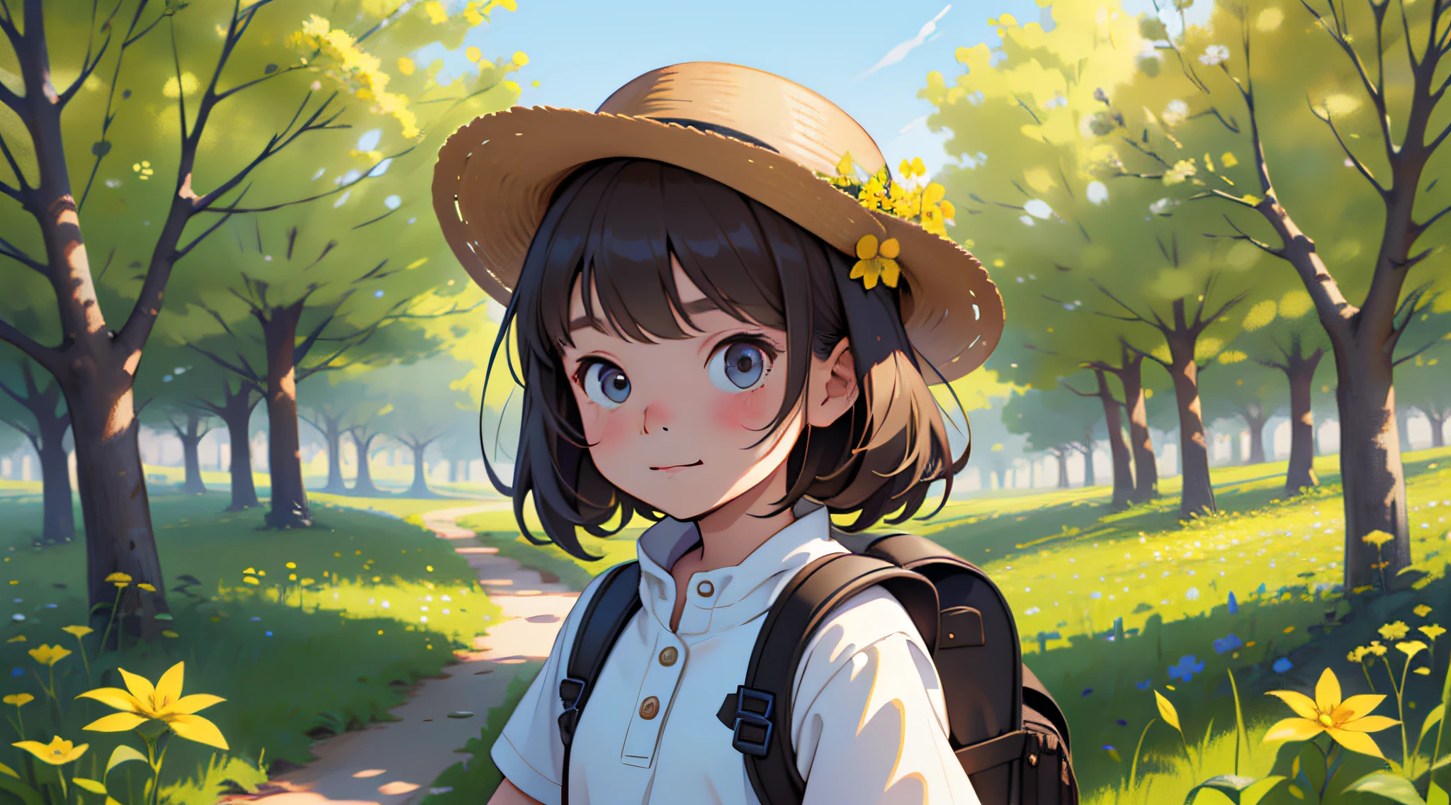 Tip: A very charming girl with a backpack and her cute puppy enjoying a lovely spring outing surrounded by beautiful yellow flowers and nature. The illustration is a high-definition illustration in 4k resolution, featuring highly detailed facial features and cartoon-style visuals.