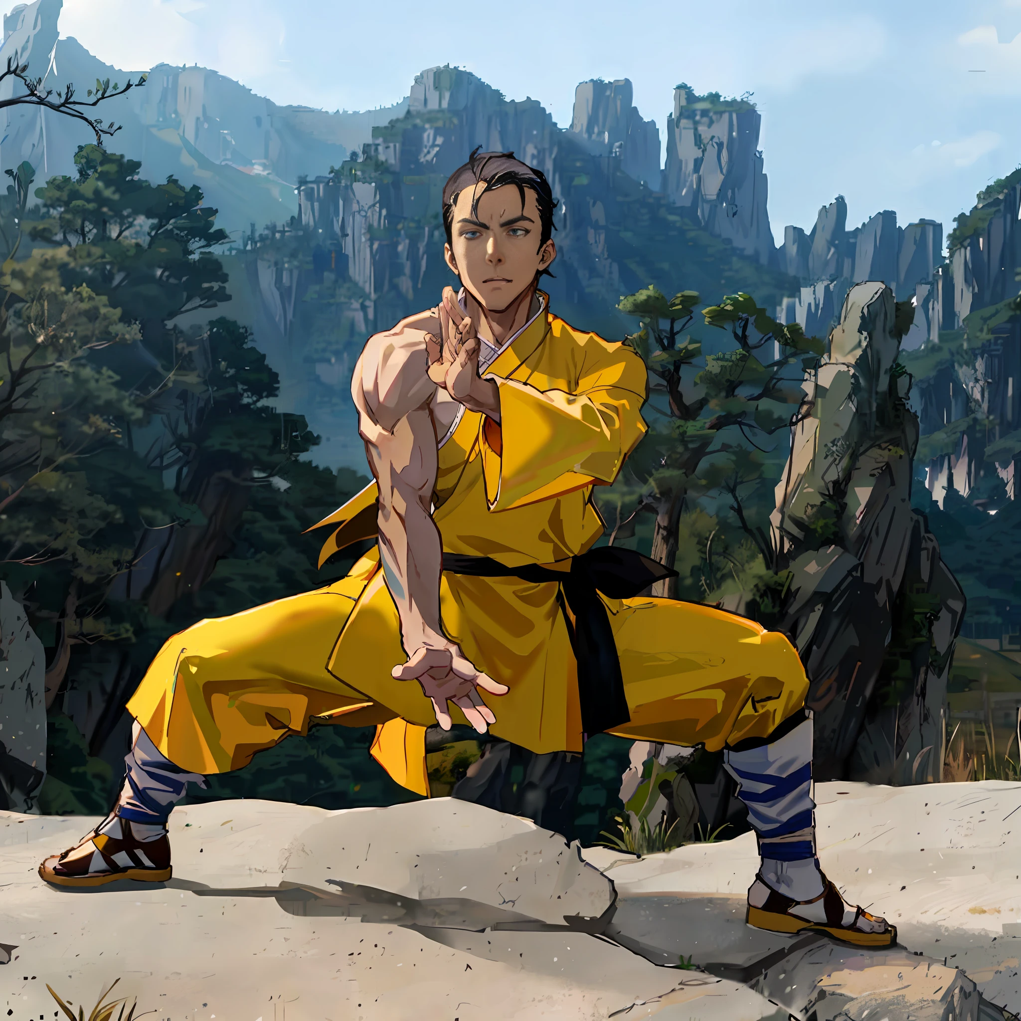 arafed style anime good charity man in black suit doing a karate pose on a rock, martial art pose, sifu style: 2, dojo on a mountain, with yellow fabrics, kung-fu, inspired by Liao Chi-chun, avatar aang, yellow robes, inspired by Zhao Mengfu 🔥 😎 🕹️ 👀, fisting monk shirtless, good physique black pants a scar on the eye,  boxing in the hands,