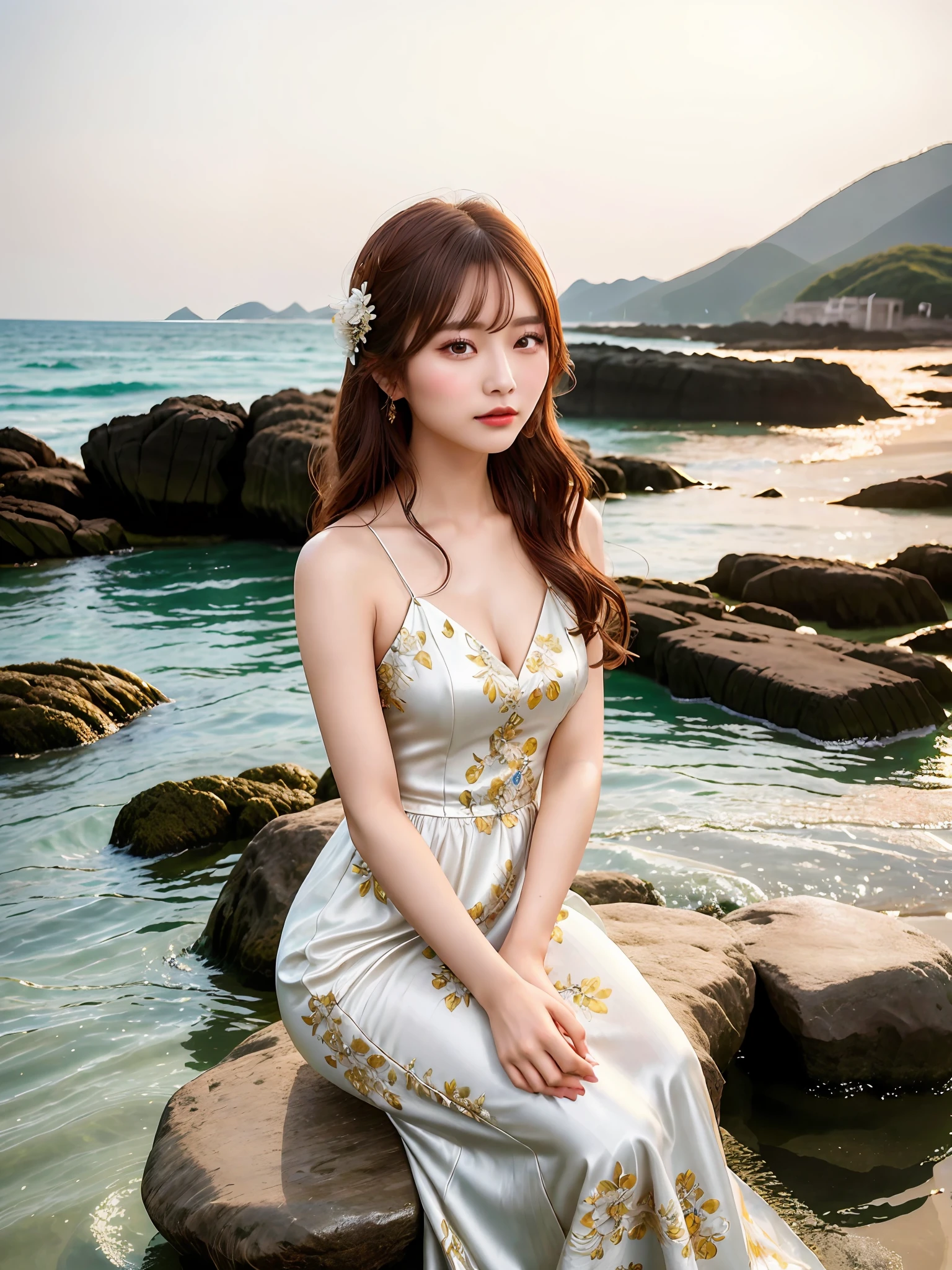 (Masterpiece, high quality, high fidelity, real photo), elegant woman sitting on a rock on the beach, wearing a long dress with flowers, chinese girl, attractive girl, cute woman, a lovely young woman, Chen Xintong, wearing beautiful clothes, gorgeous chinese model, attractive pose
