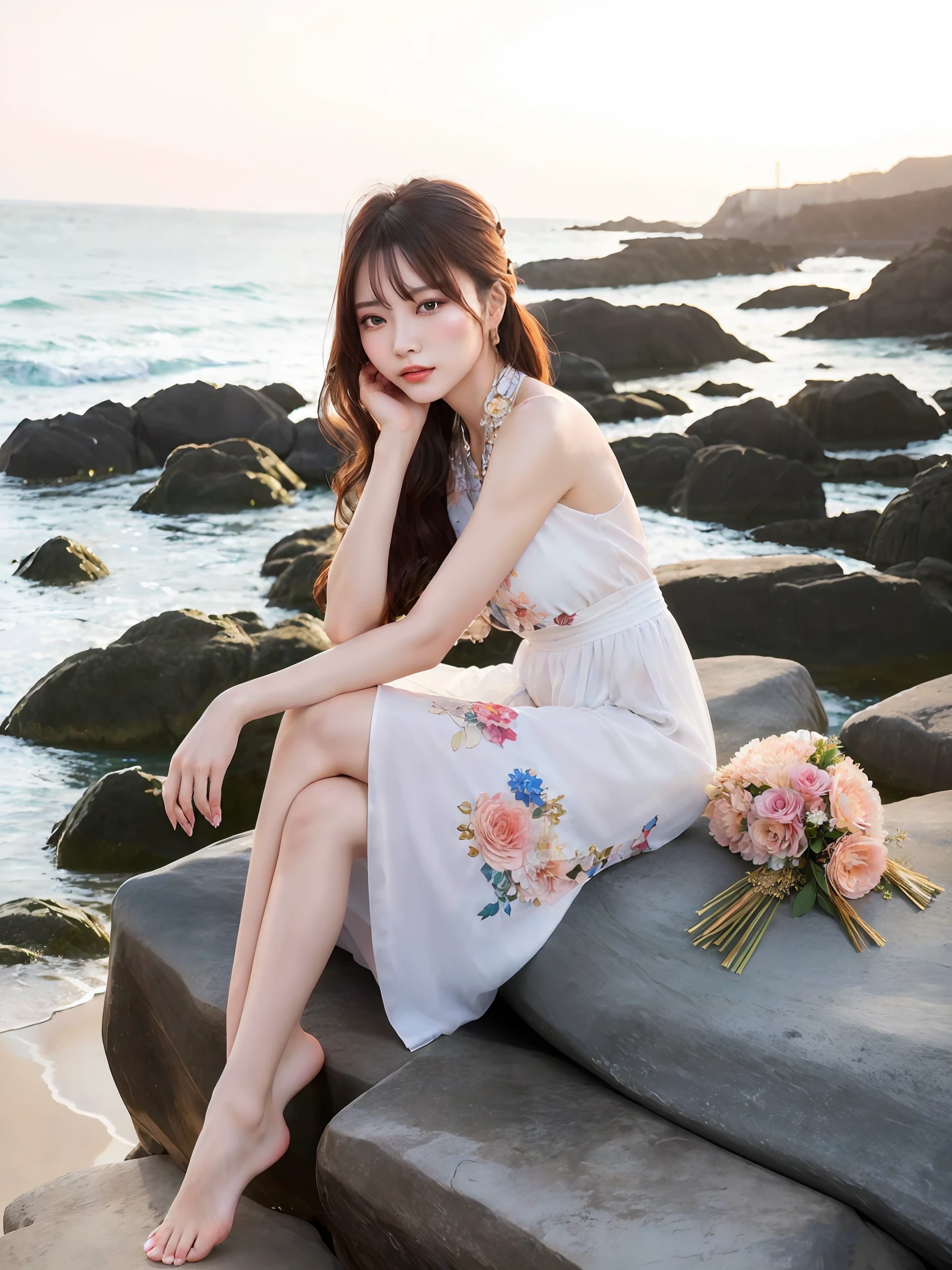 (Masterpiece, high quality, high fidelity, real photo), elegant woman sitting on a rock on the beach, wearing a long dress with flowers, chinese girl, attractive girl, cute woman, a lovely young woman, Chen Xintong, wearing beautiful clothes, gorgeous chinese model, attractive pose