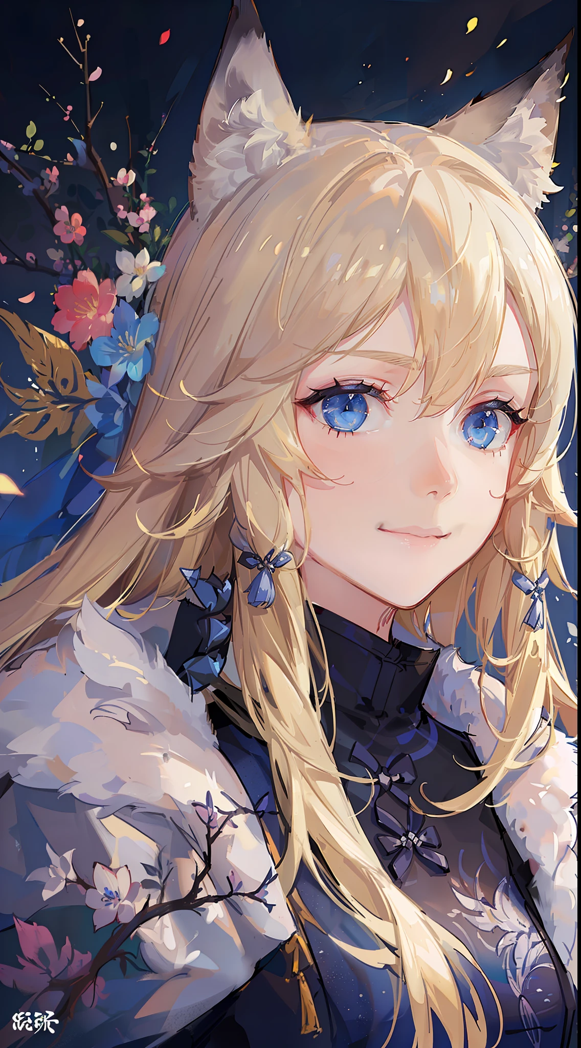 Adult girl, long blonde hair with white strands, blue eyes, wolf ears, black Chinese clothes, smile, masterpiece, high quality