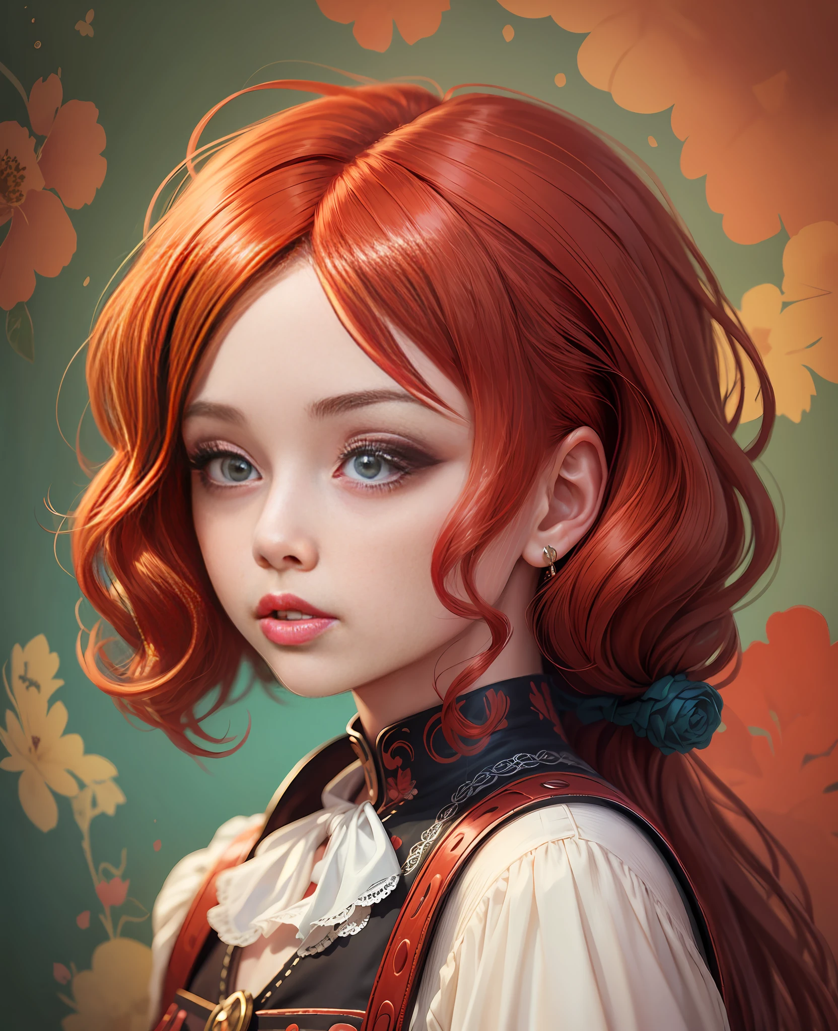 Photography, Beautiful girl, red hair, retro fashion, chibi and real style, masterpiece, colorful background, detailed, intricate details, rich colors, realistic style, --auto --s2