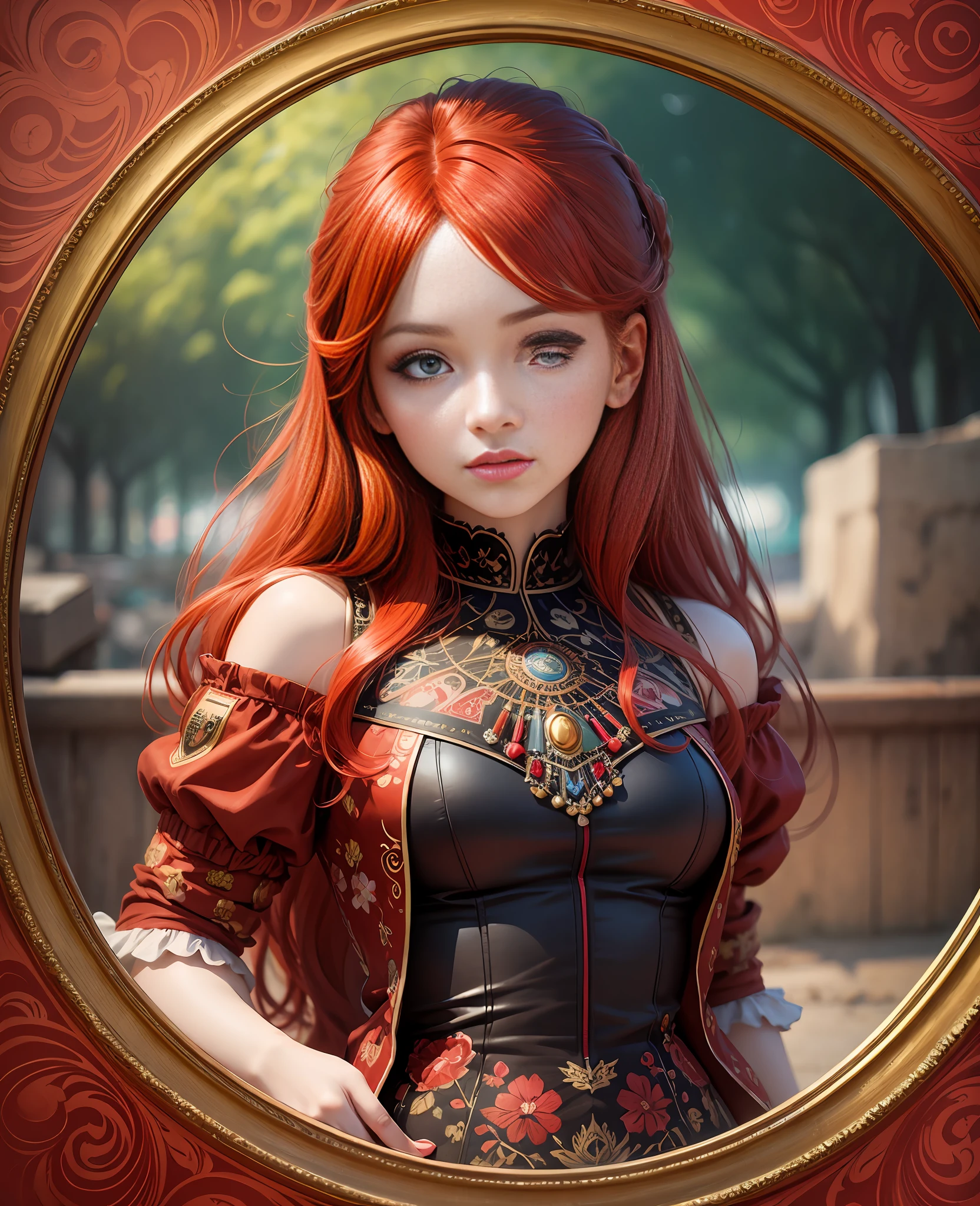 Photography, Beautiful girl, red hair, retro fashion, chibi and real style, masterpiece, colorful background, detailed, intricate details, rich colors, realistic style, --auto --s2